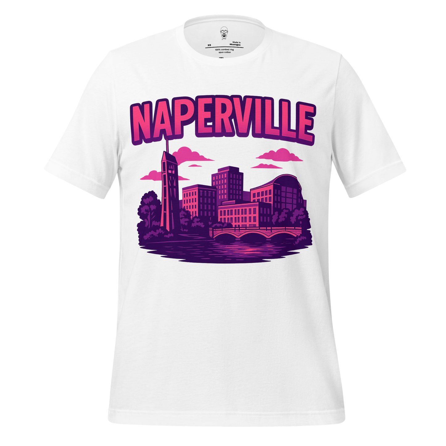 White Naperville Graphic T-Shirt with pink and purple cityscape design by JMK Drip