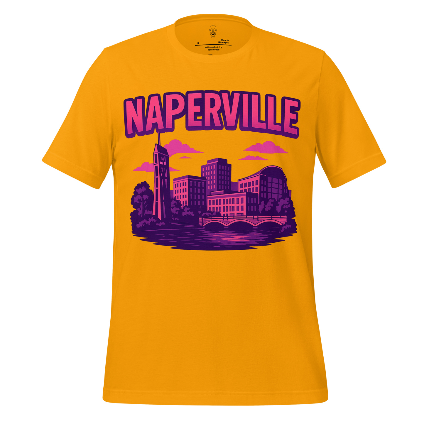 JMK Drip yellow Naperville Graphic T-Shirt with purple and pink city skyline design