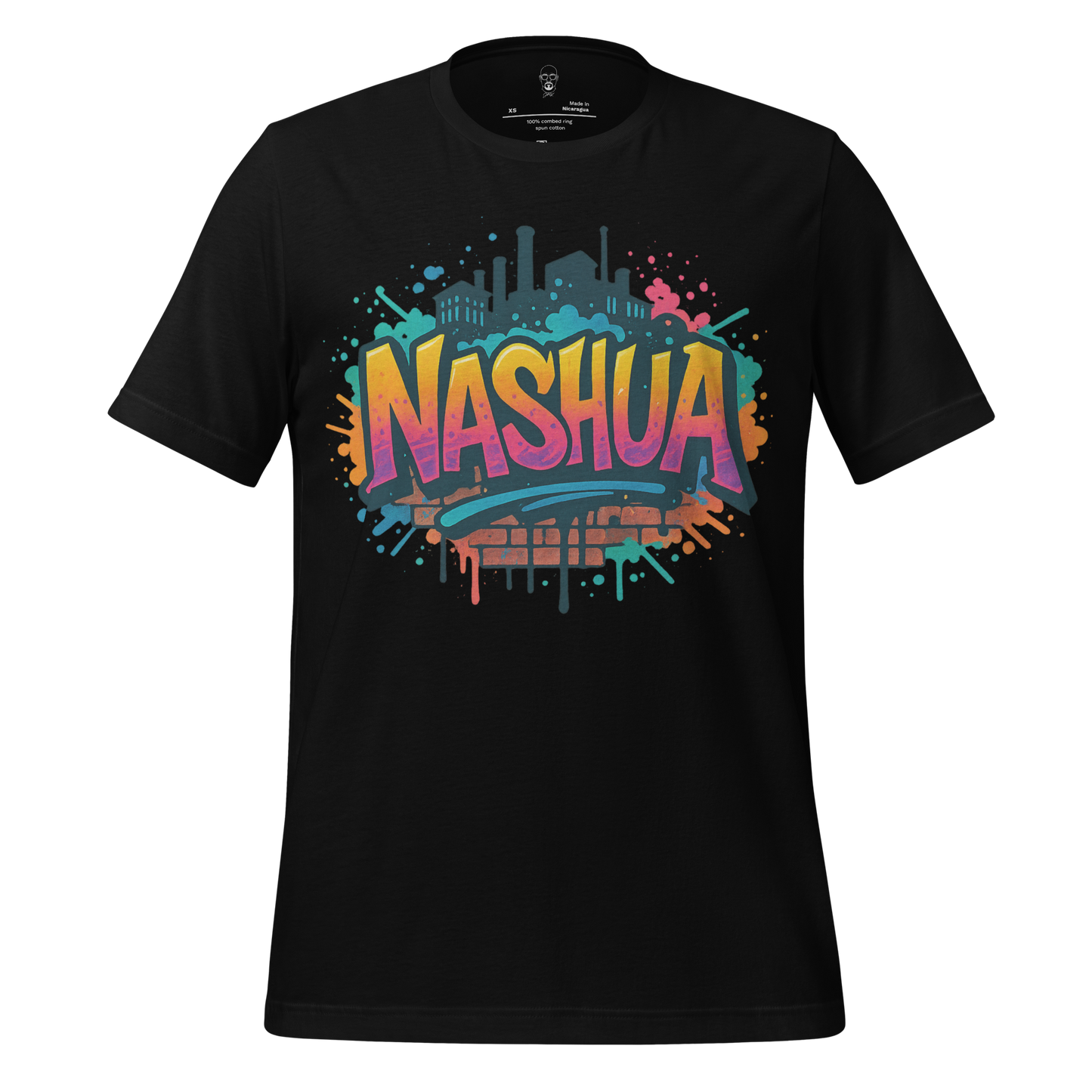 Black Nashua Graphic T Shirt with colorful urban cityscape and graffiti style design