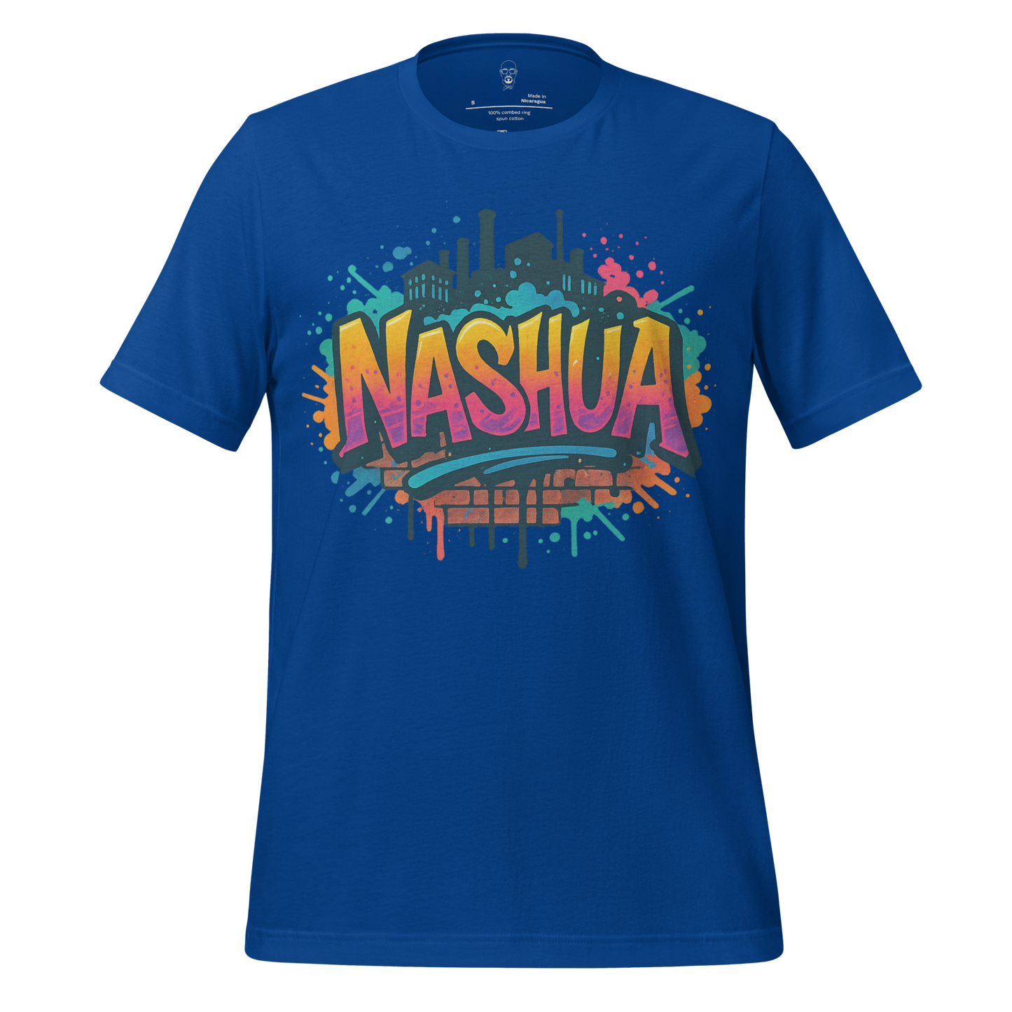 JMK Drip Nashua Graphic T-Shirt in blue with colorful graffiti style cityscape design