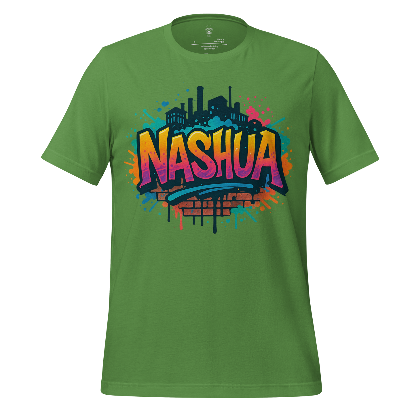 Green Nashua Graphic T-Shirt with colorful graffiti style cityscape design by JMK Drip