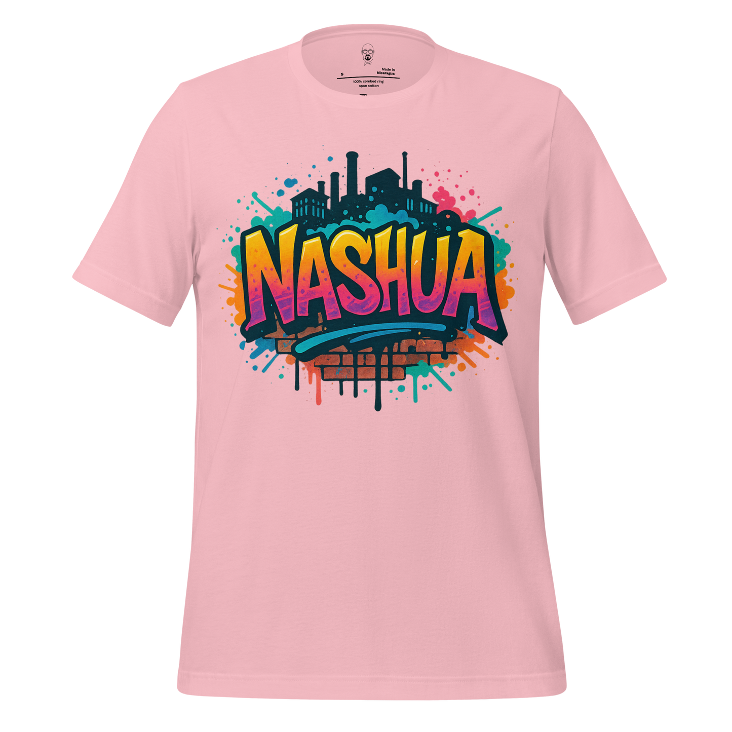 Pink Nashua Graphic T-Shirt with colorful graffiti cityscape design by JMK Drip