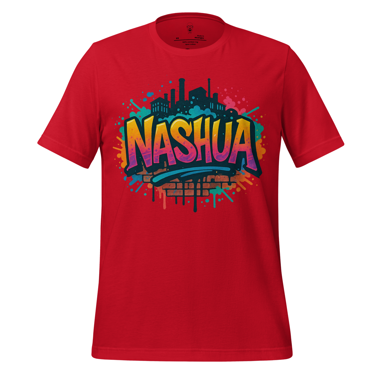 Red Nashua Graphic T-Shirt by JMK Drip featuring colorful cityscape and graffiti style design