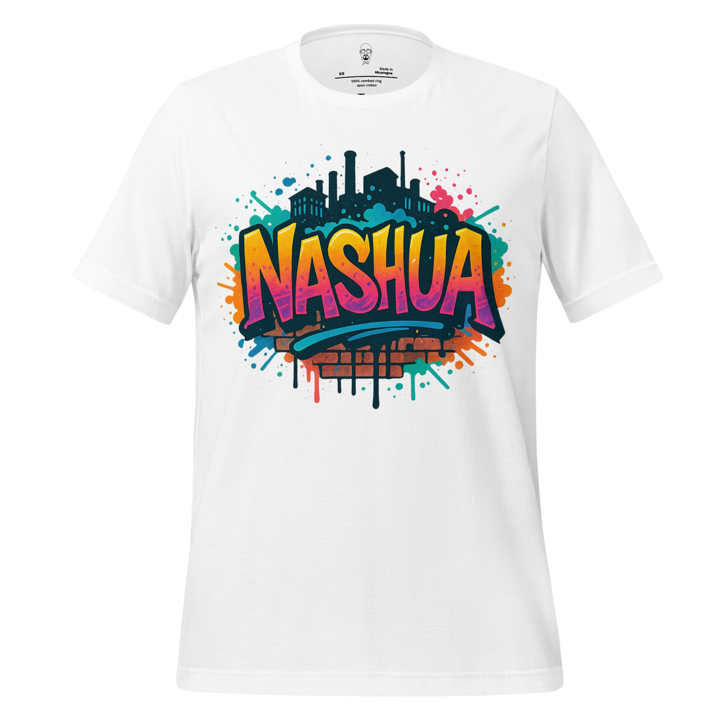 White cotton Nashua Graphic T-Shirt with colorful cityscape and graffiti style design by JMK Drip