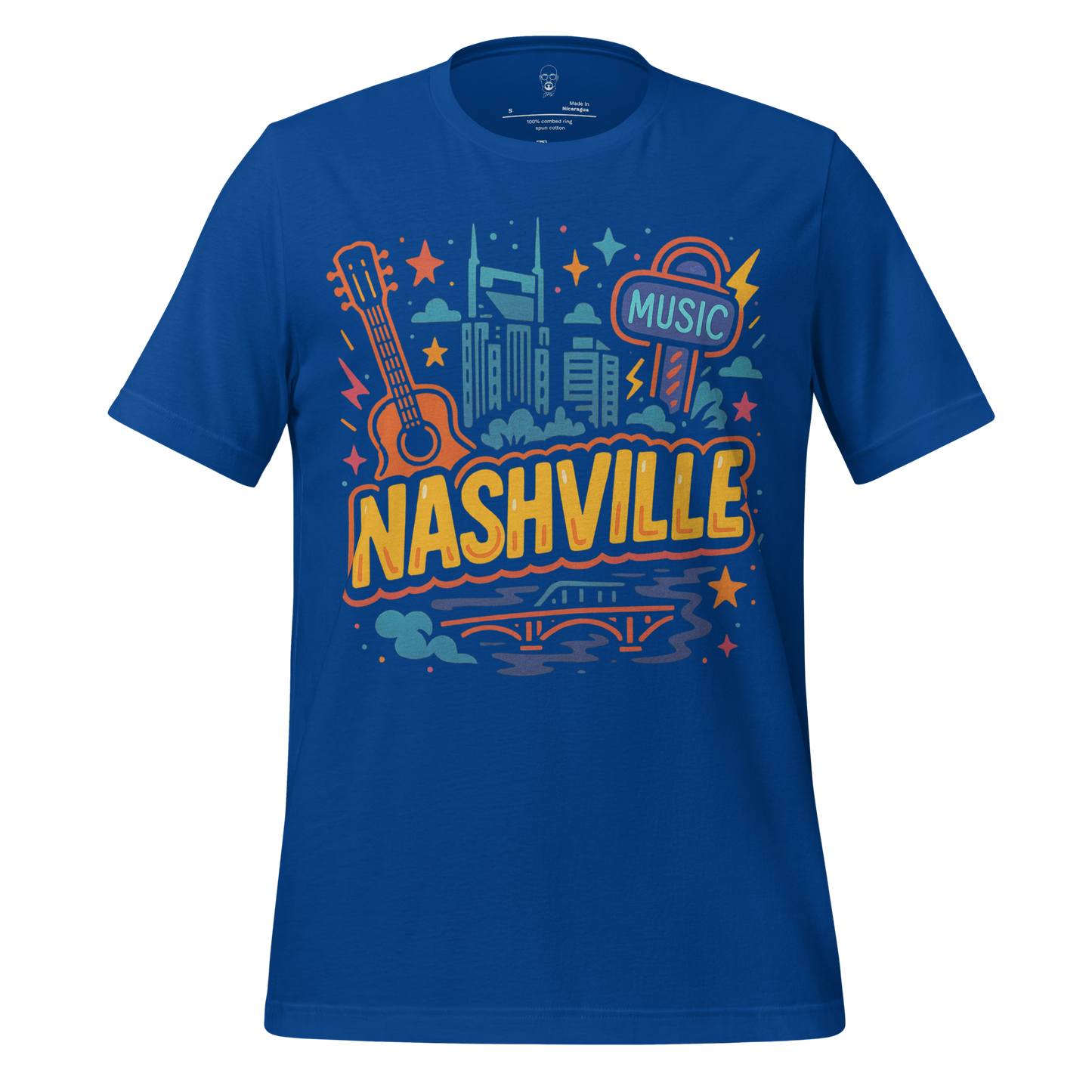 JMK Drip Nashville graphic t-shirt in blue with colorful music and city skyline design