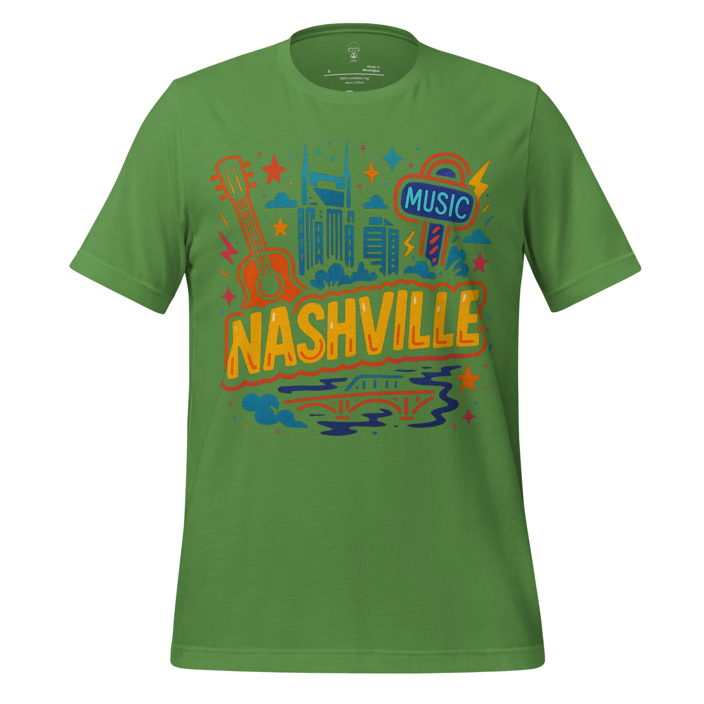 Green Nashville graphic t-shirt with colorful cityscape, guitar, music sign, and stars print by JMK Drip
