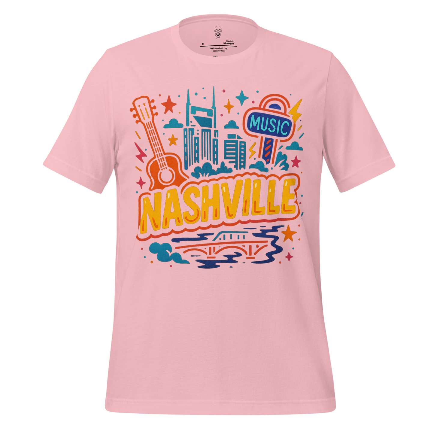 Pink Nashville graphic t-shirt with colorful cityscape, guitar, and music sign design