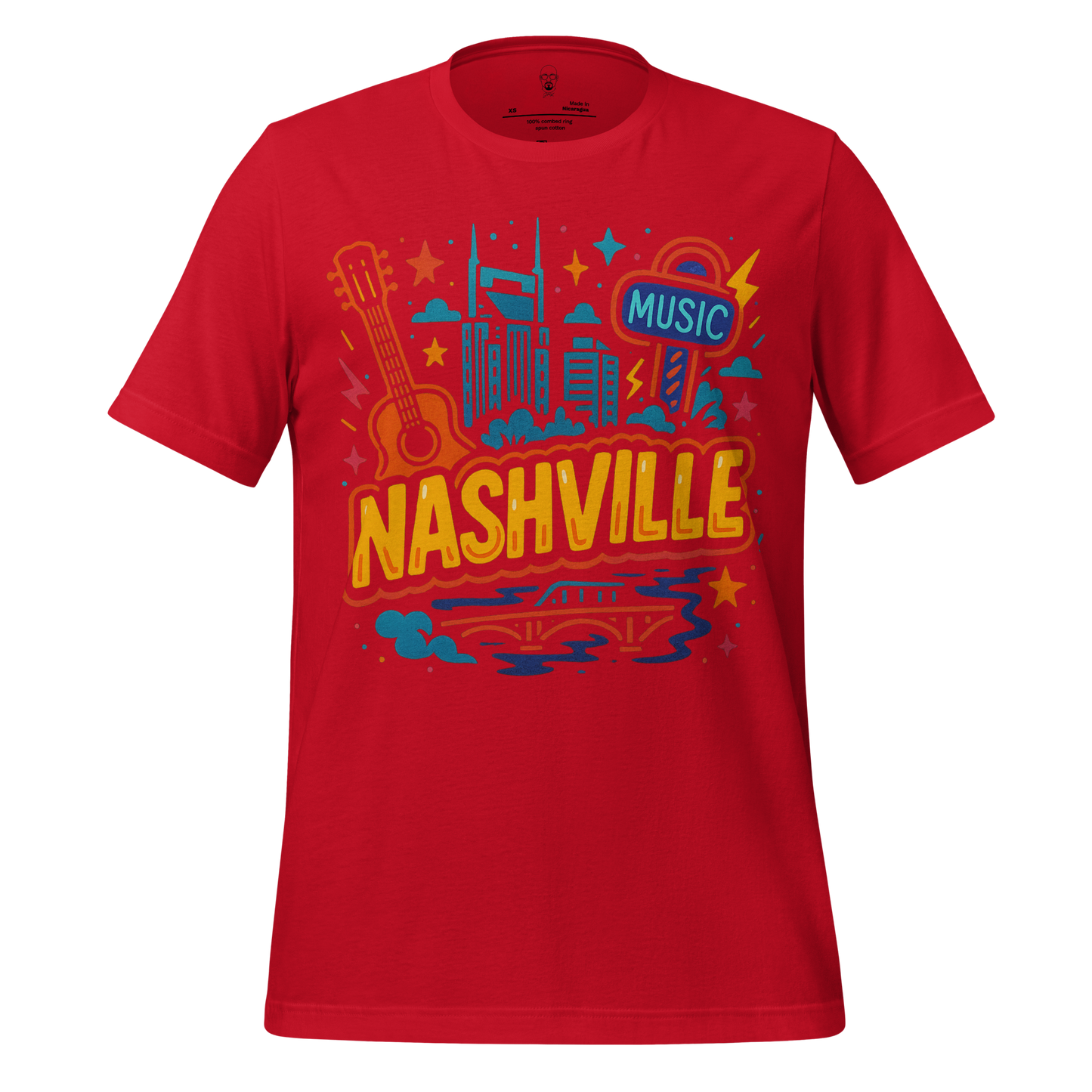 Red Nashville graphic t-shirt featuring city skyline, guitar, and music sign design