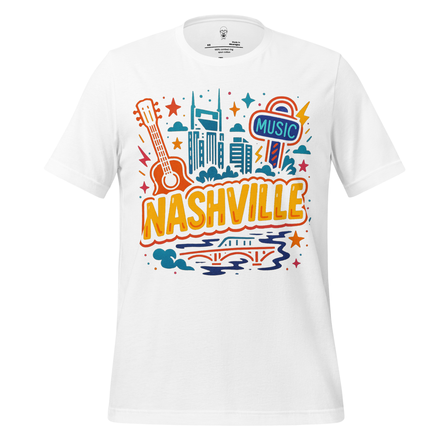White Nashville graphic t-shirt with colorful city skyline, guitar, and music sign design