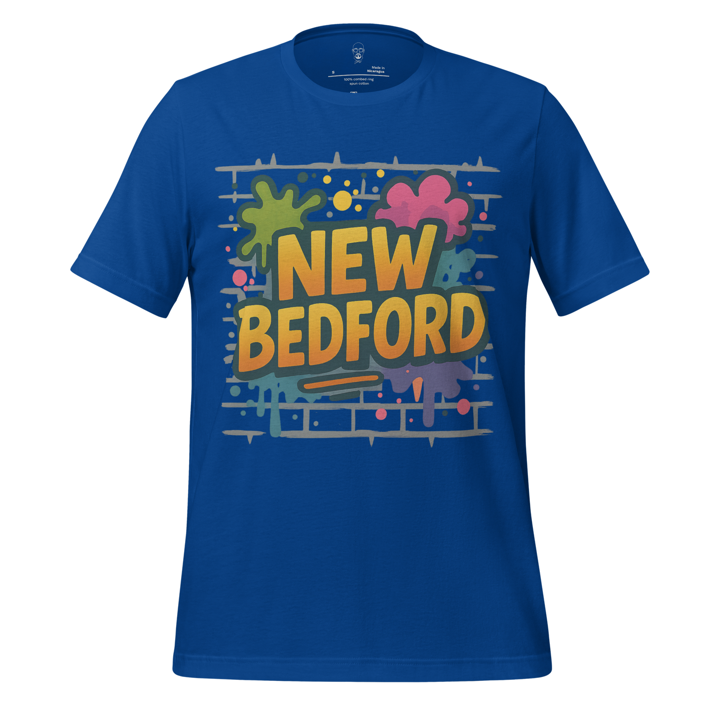 Blue New Bedford Graphic T-Shirt by JMK Drip with colorful graffiti style design on front