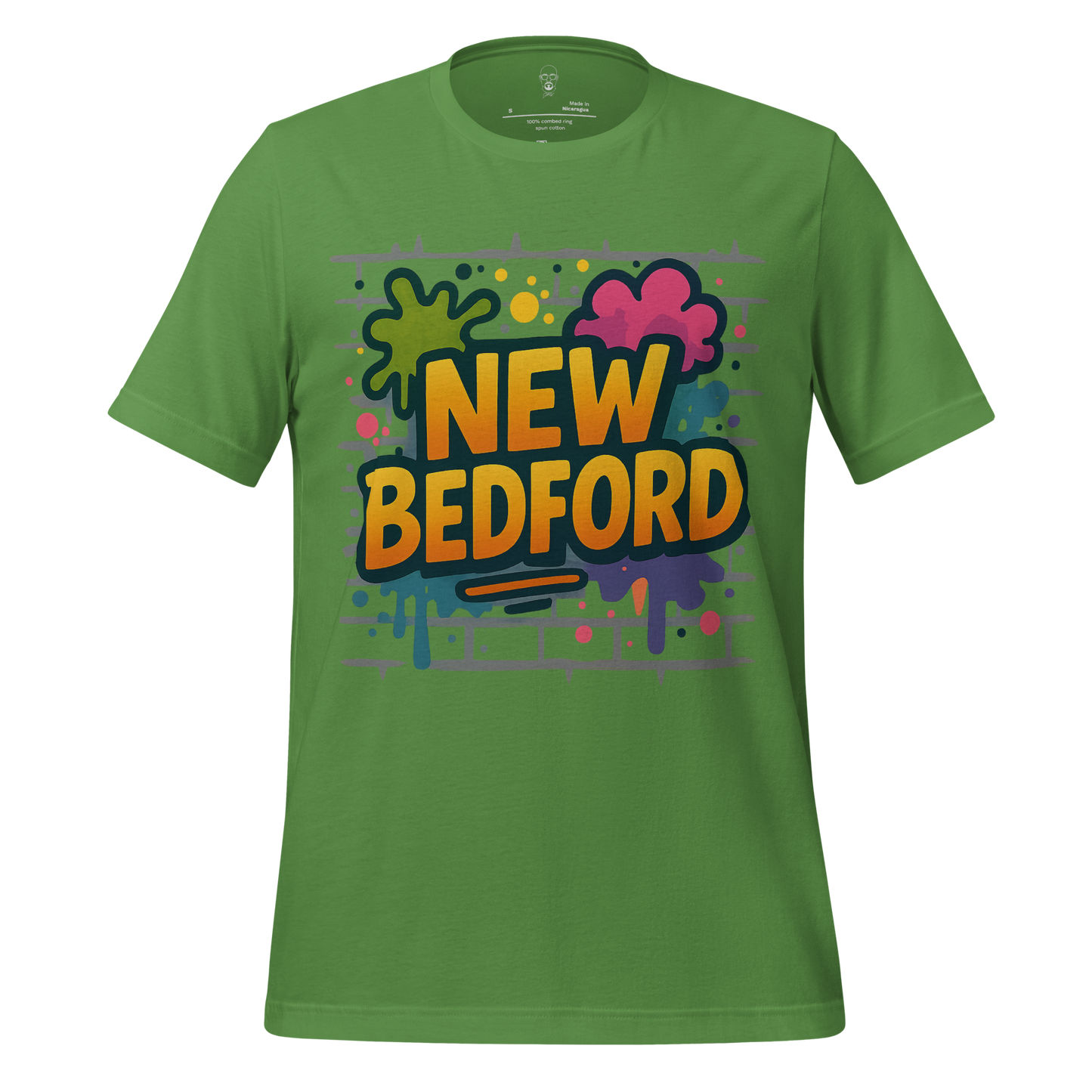 Green New Bedford Graphic T-Shirt with colorful graffiti-style text and paint splatters