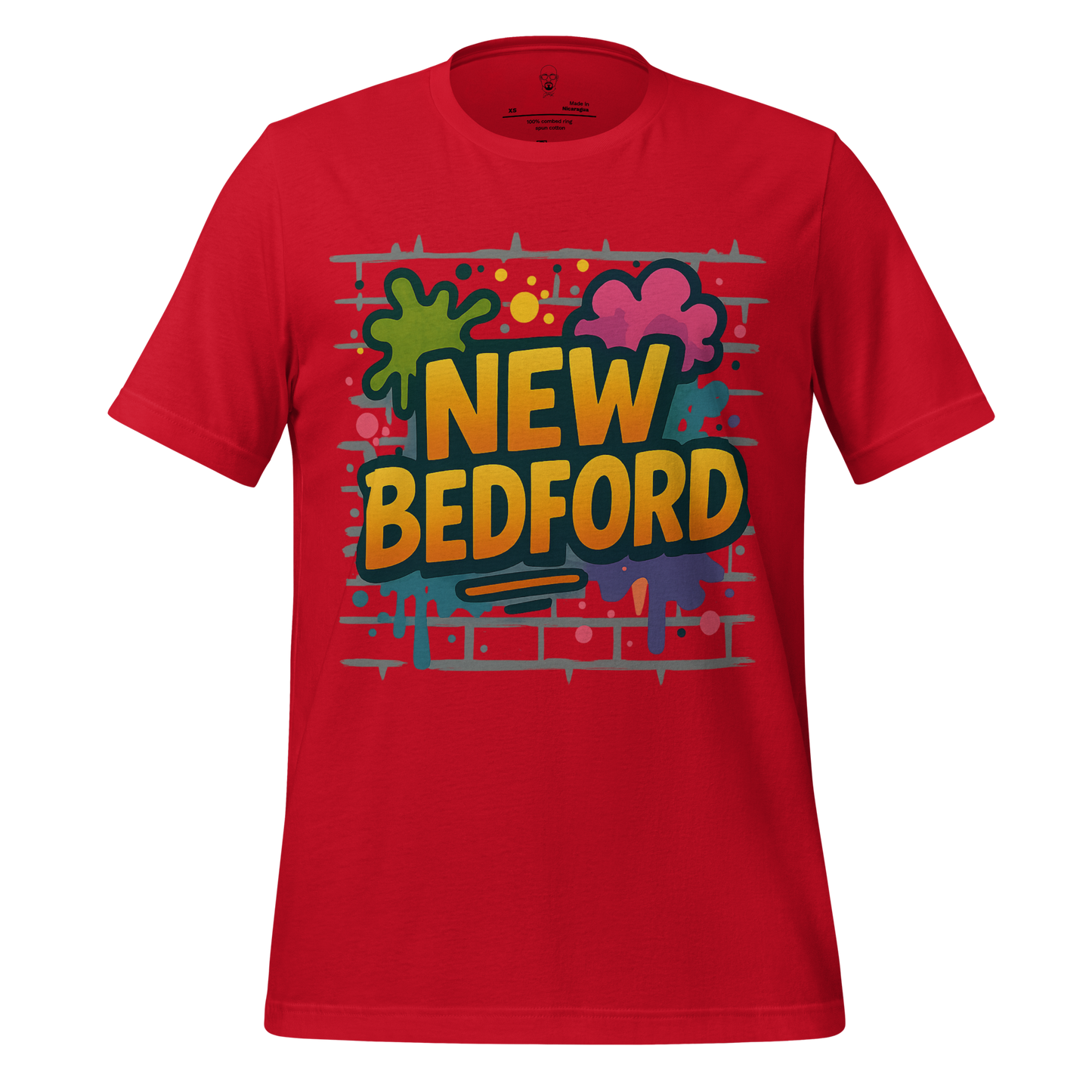 Red New Bedford Graphic T-Shirt by JMK Drip with colorful graffiti style text and paint splatter design