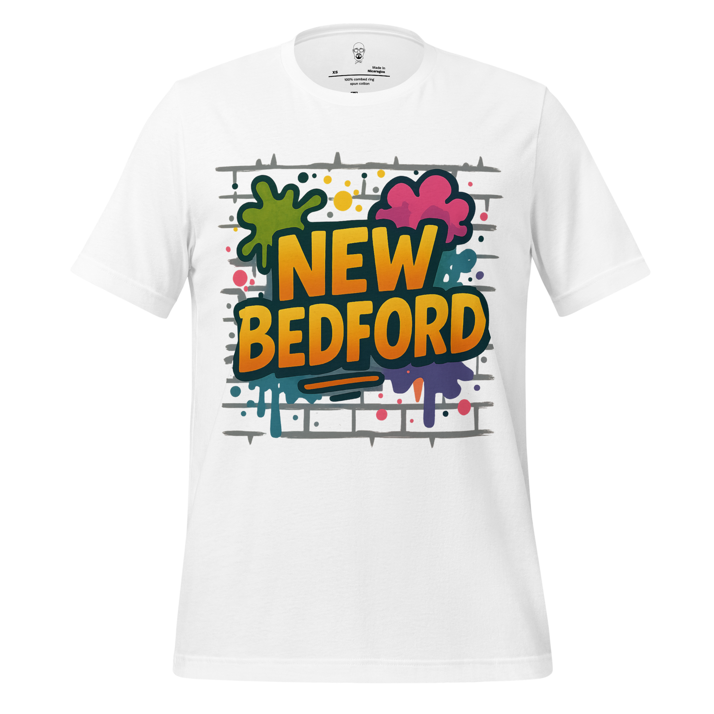 White New Bedford Graphic T-Shirt by JMK Drip with colorful graffiti style design on front