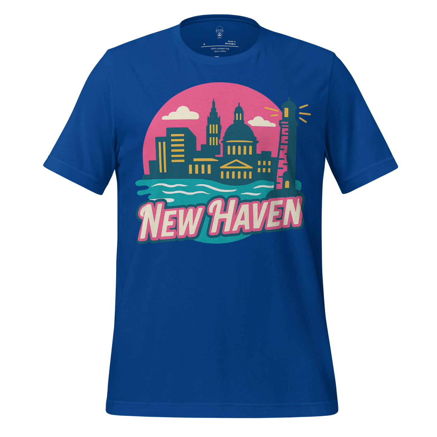 JMK Drip New Haven Graphic T-Shirt in blue with colorful city skyline and New Haven text