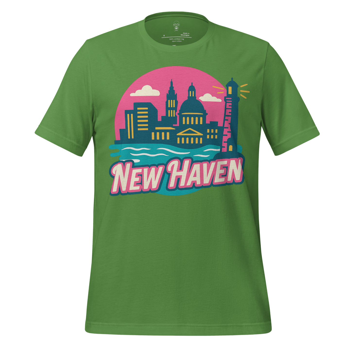 Green New Haven Graphic T-Shirt by JMK Drip with colorful city skyline and lighthouse design