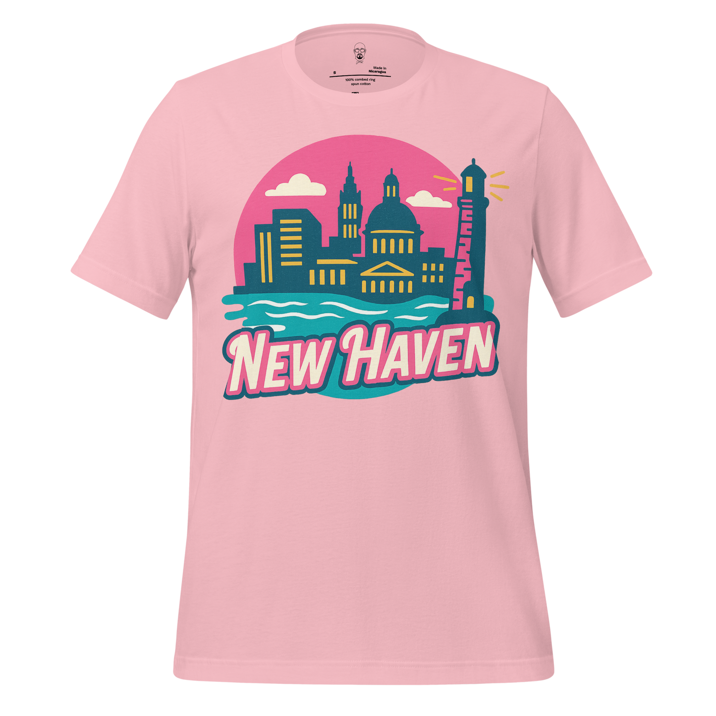 JMK Drip New Haven Graphic T-Shirt in pink with colorful city skyline design and lettering
