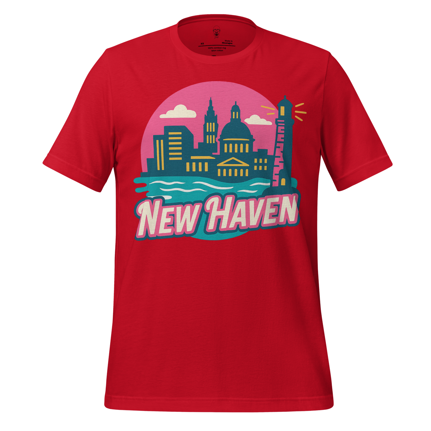 Red New Haven Graphic T-Shirt by JMK Drip featuring city skyline and lighthouse design