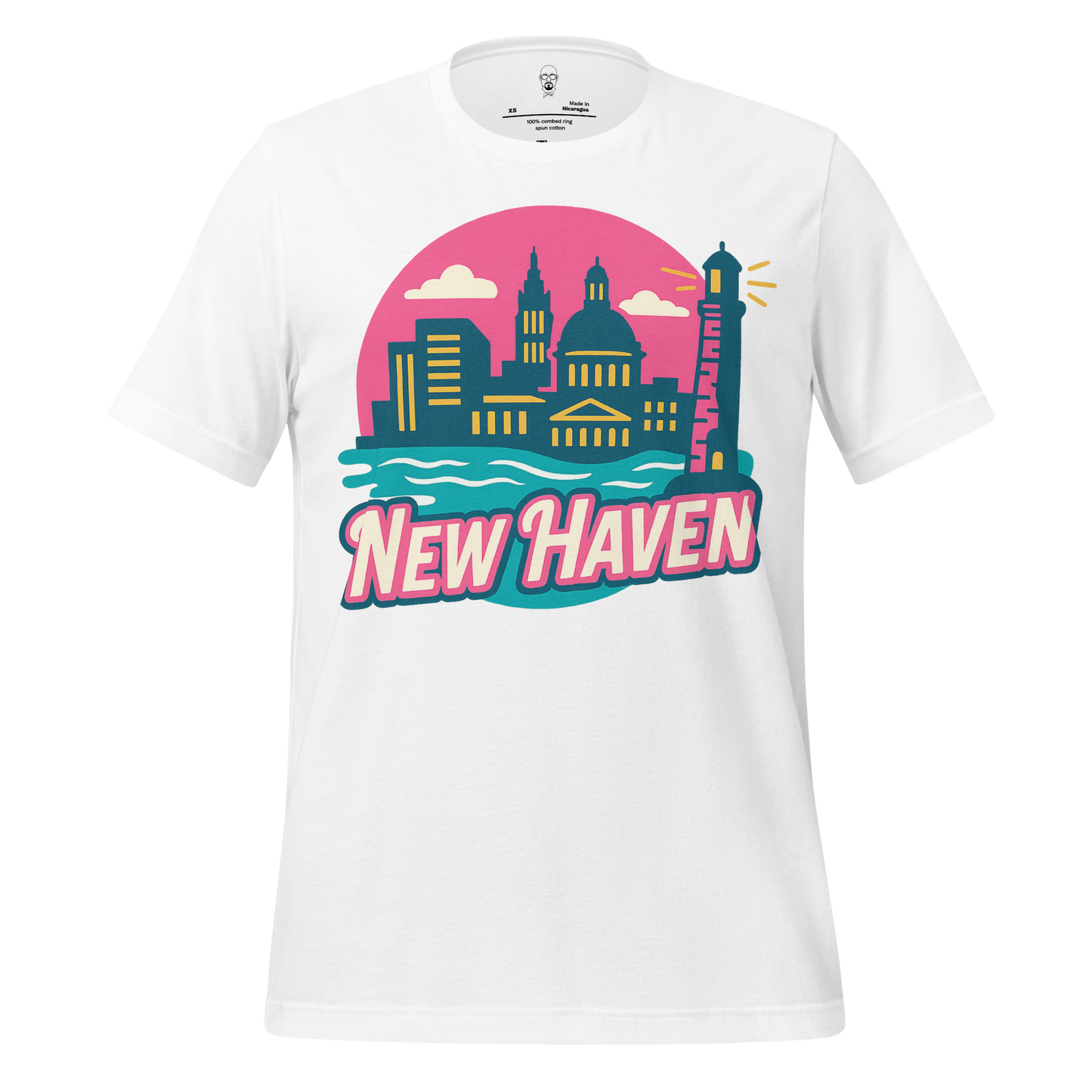 JMK Drip New Haven Graphic T-Shirt with colorful city skyline and lighthouse design on white tee