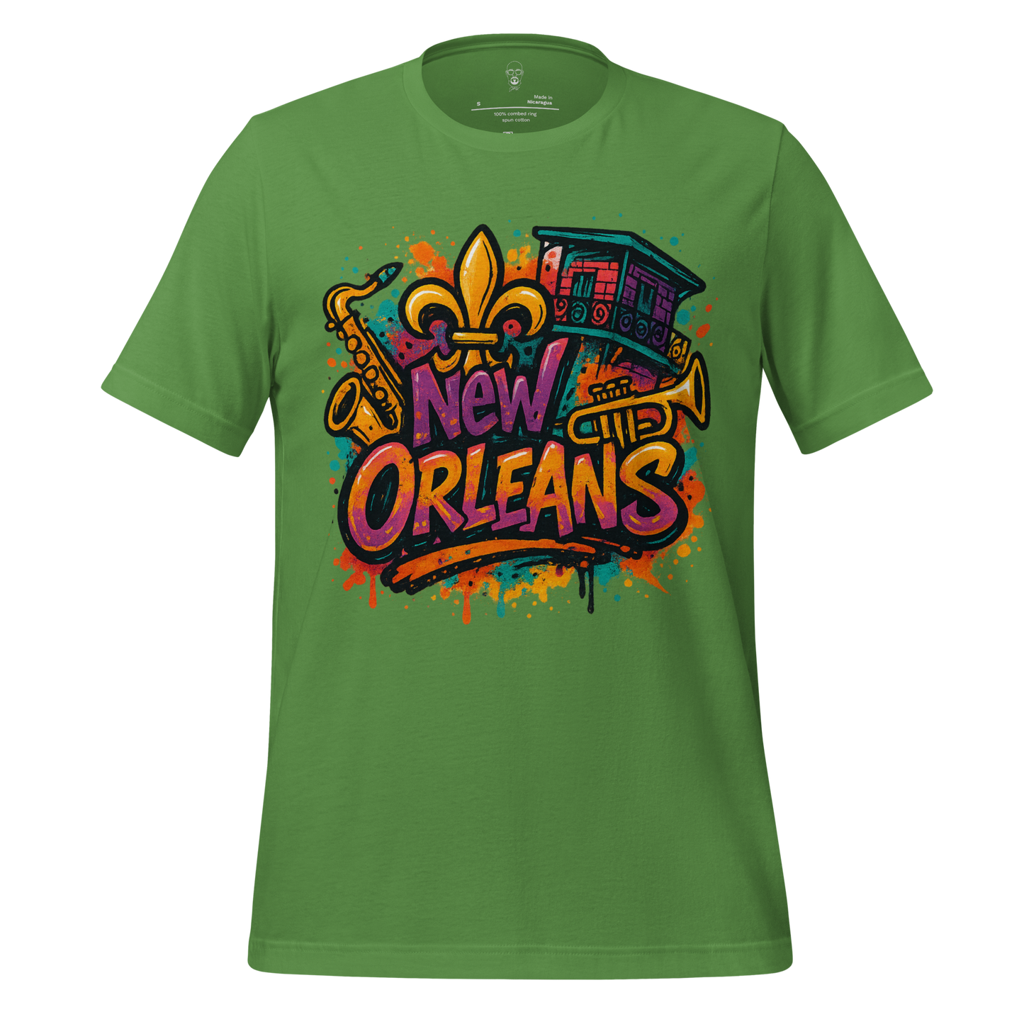 Green New Orleans graphic t-shirt by JMK Drip featuring colorful jazz instruments and city design