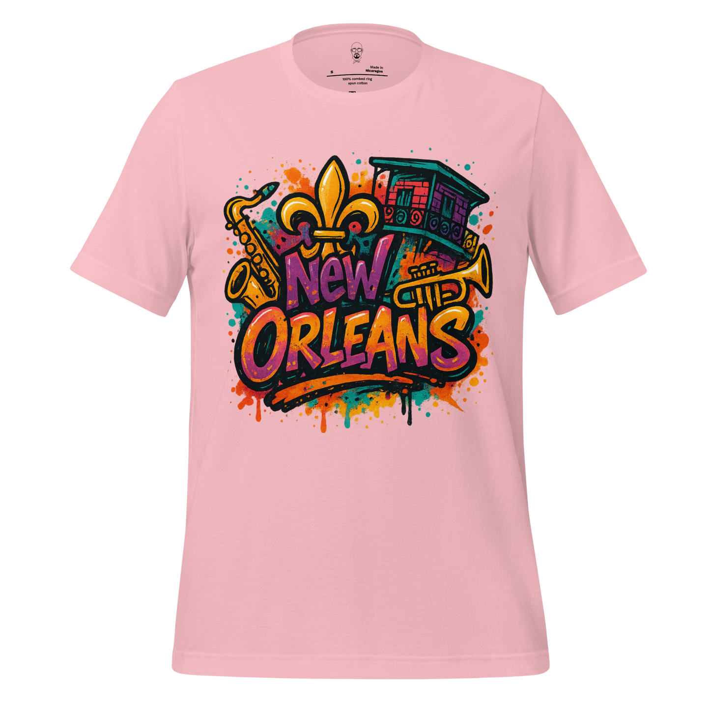 Pink New Orleans graphic t-shirt with colorful jazz instruments and fleur de lis design