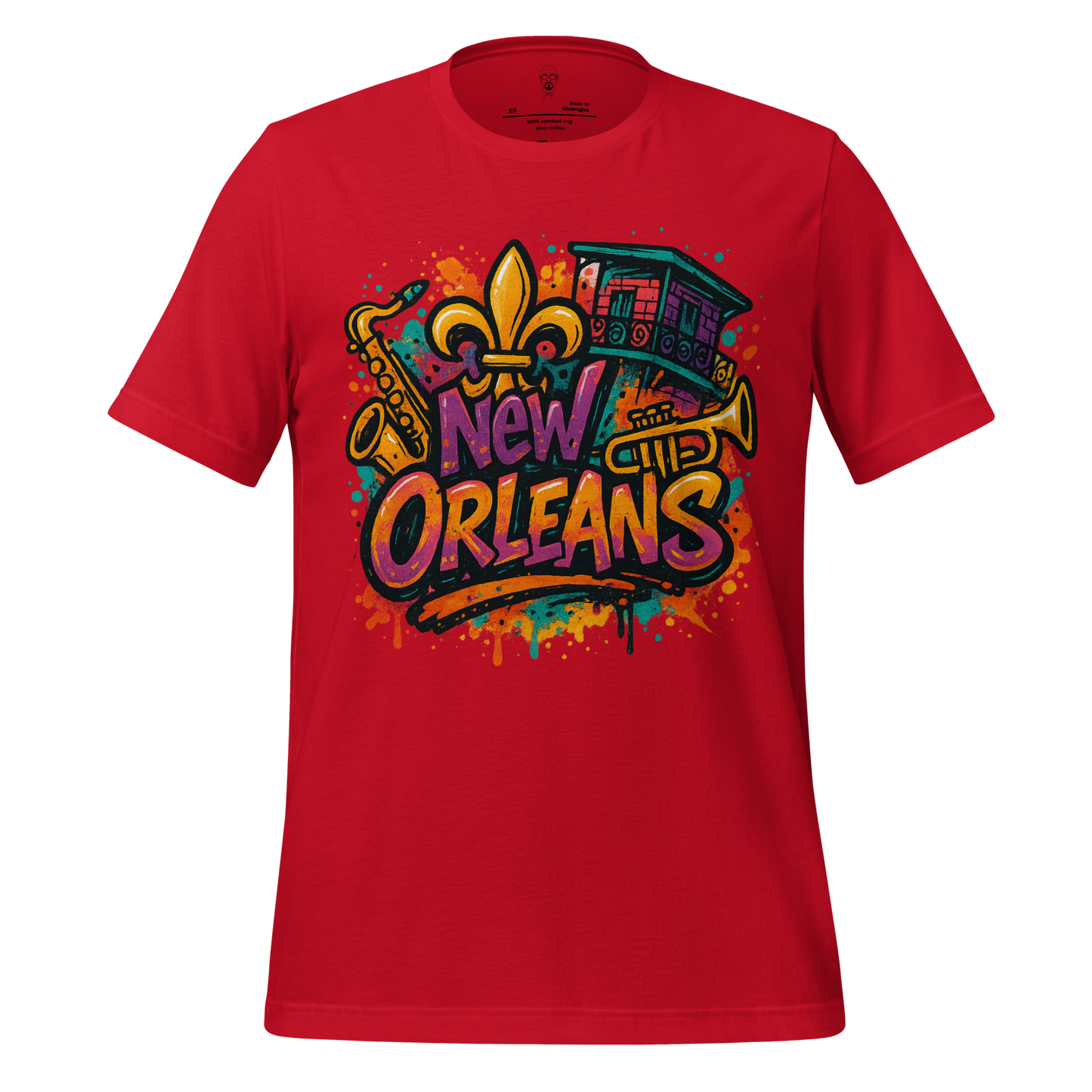 Red New Orleans graphic t-shirt with colorful saxophone, trumpet, fleur-de-lis, and streetcar design