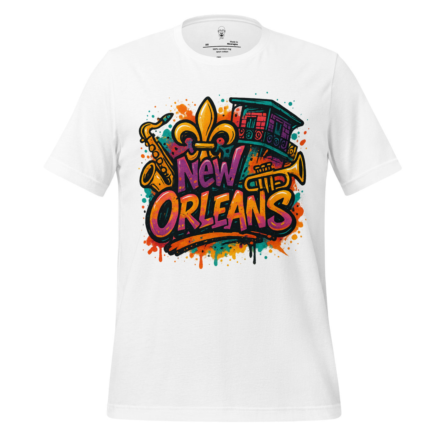 White New Orleans graphic t-shirt with colorful jazz instruments and fleur de lis design