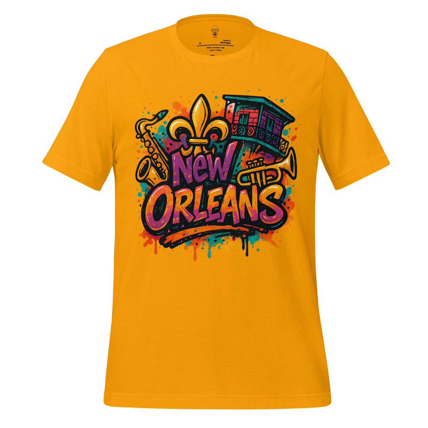 JMK Drip New Orleans graphic t-shirt in yellow with colorful saxophone trumpet and fleur de lis design