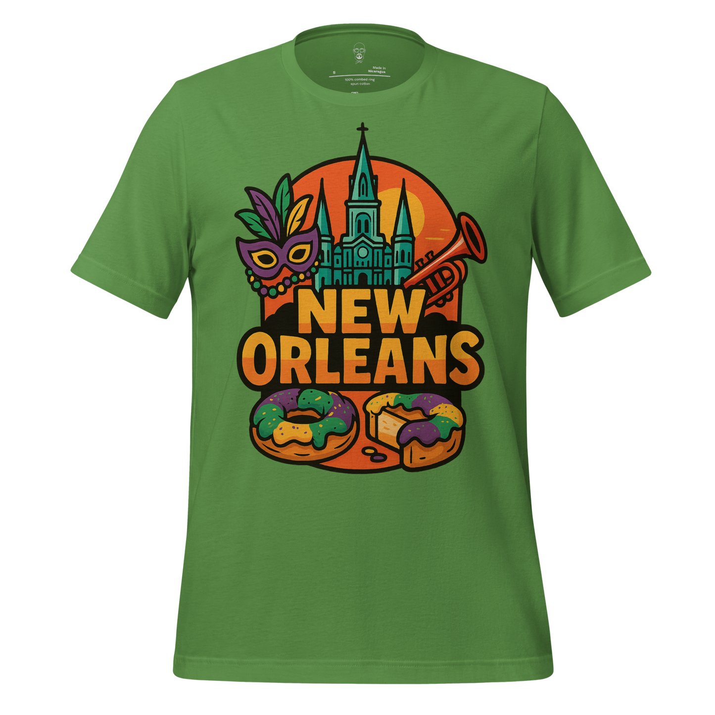 Green New Orleans t-shirt featuring colorful Mardi Gras mask, trumpet, St. Louis Cathedral, and king cake design