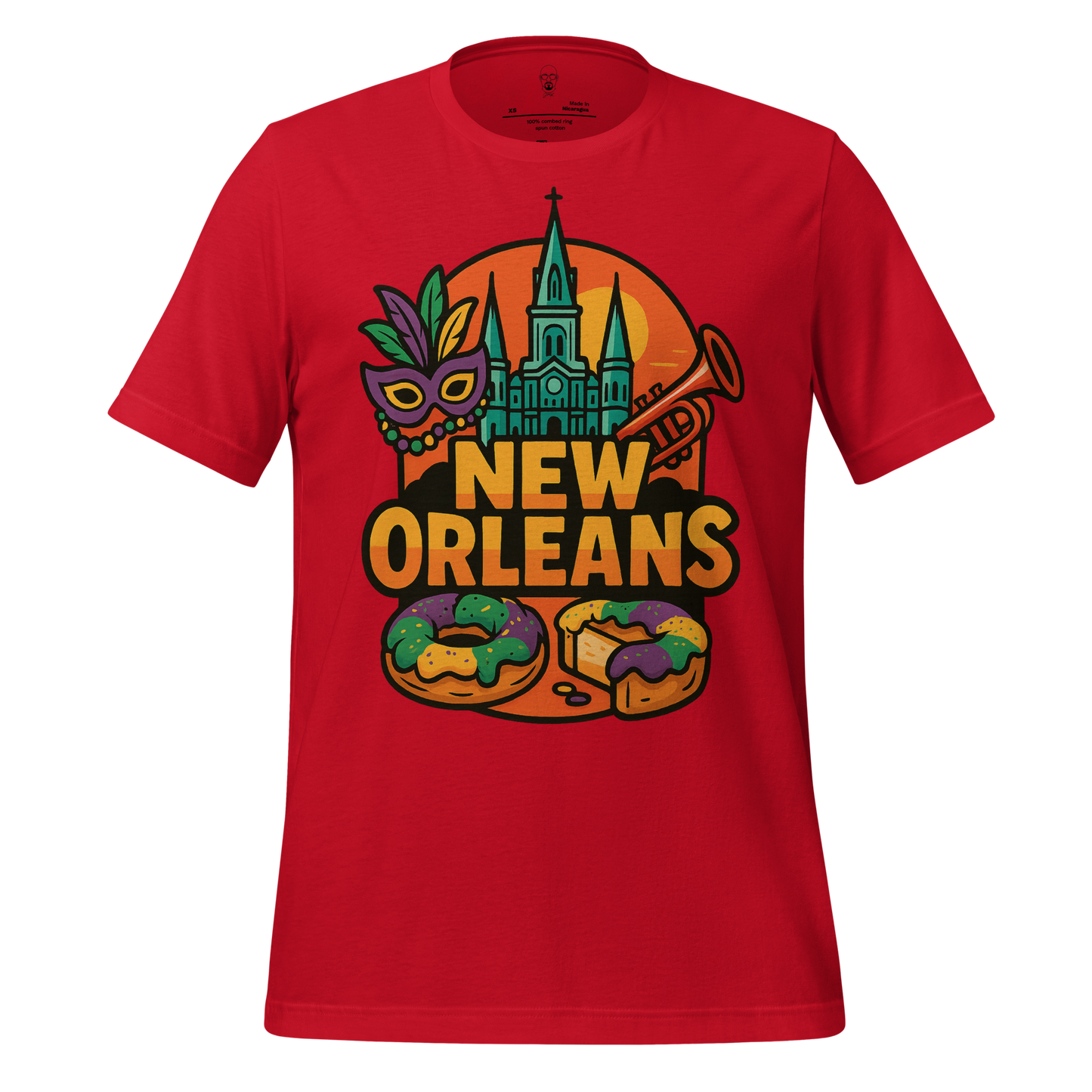 JMK Drip red New Orleans t-shirt featuring Mardi Gras mask, trumpet, cathedral, and king cake design