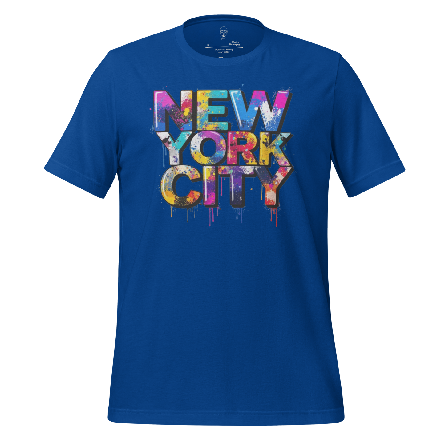 Blue New York City graphic t-shirt with colorful paint splatter design by JMK Drip