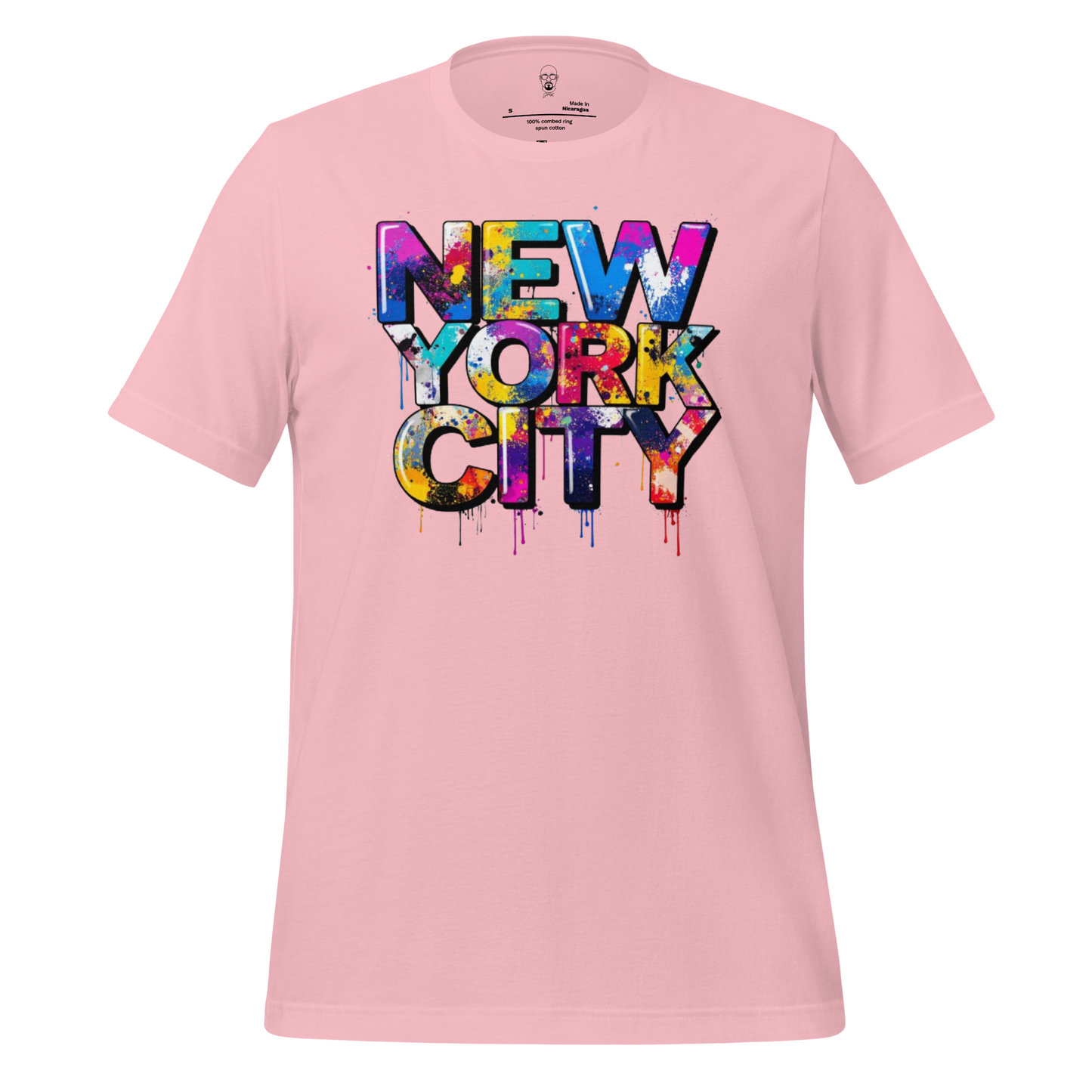 Pink New York City graphic t-shirt with colorful paint splatter text design from JMK Drip
