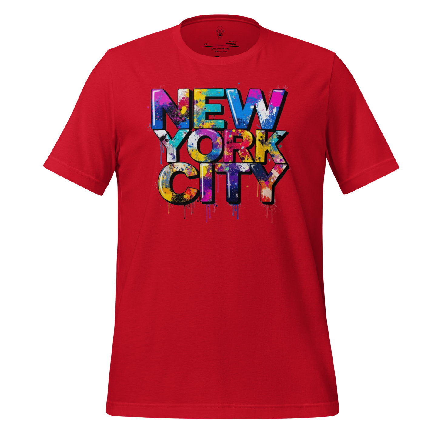 Red t-shirt with colorful graffiti style New York City graphic t-shirt print by JMK Drip