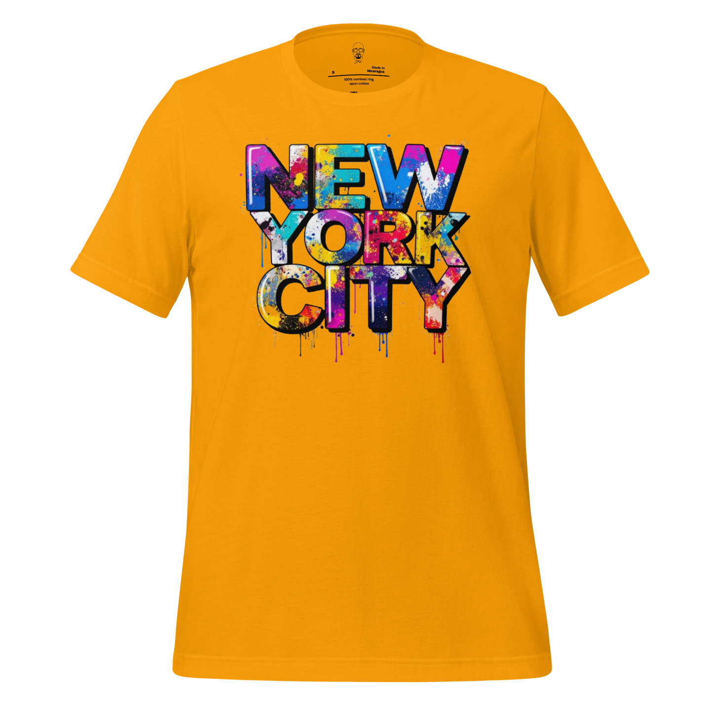 JMK Drip bright yellow New York City graphic t-shirt with colorful paint splatter design