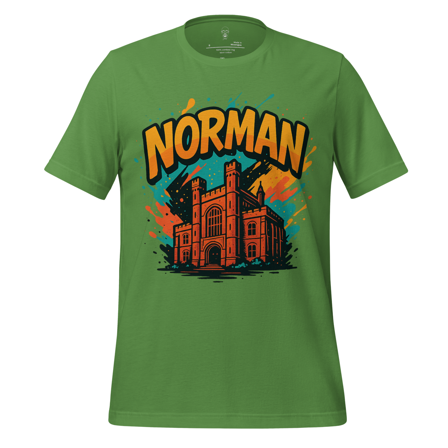 Green Norman Graphic T-Shirt with orange and blue artistic building design