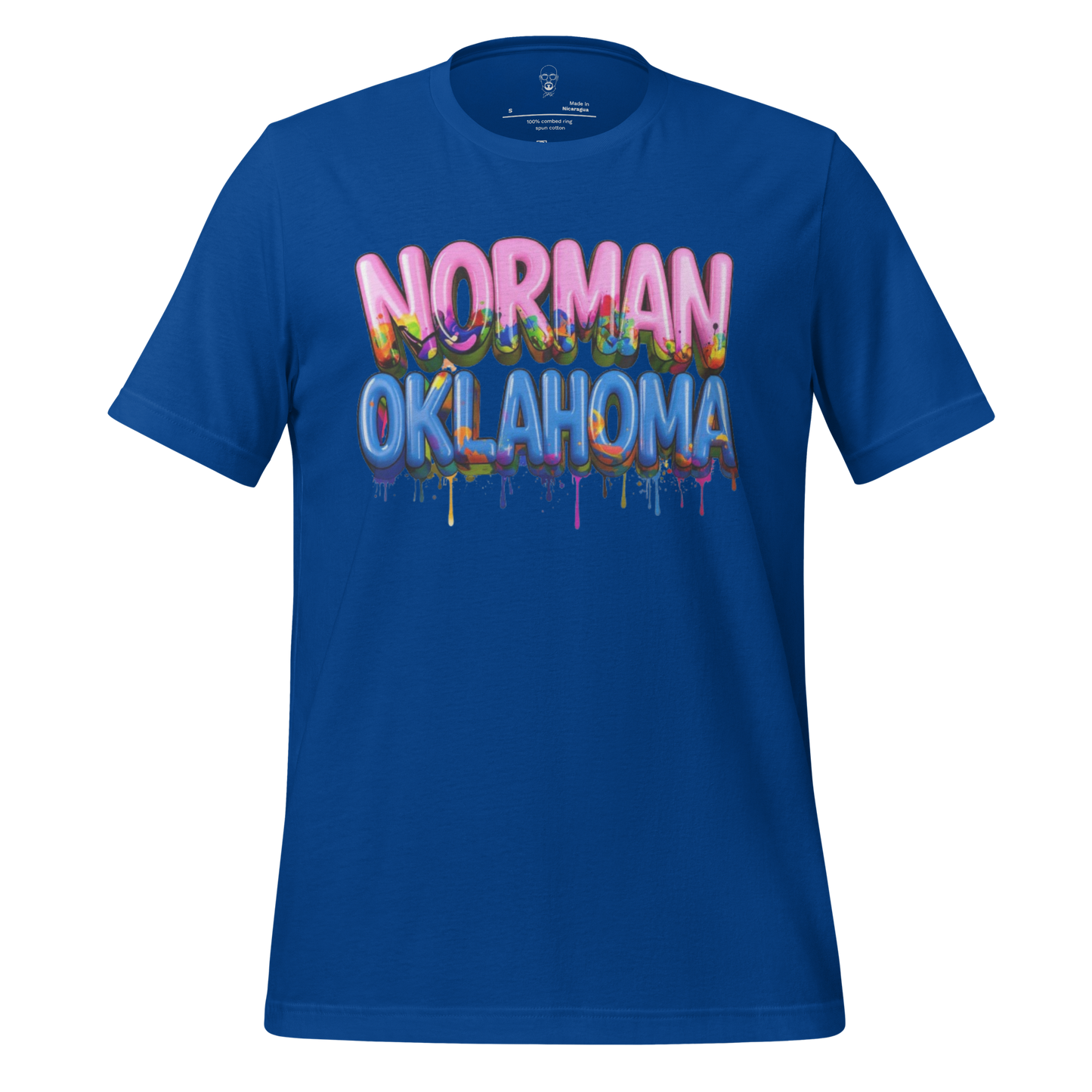 JMK Drip blue Norman Oklahoma t-shirt with colorful drip style text design
