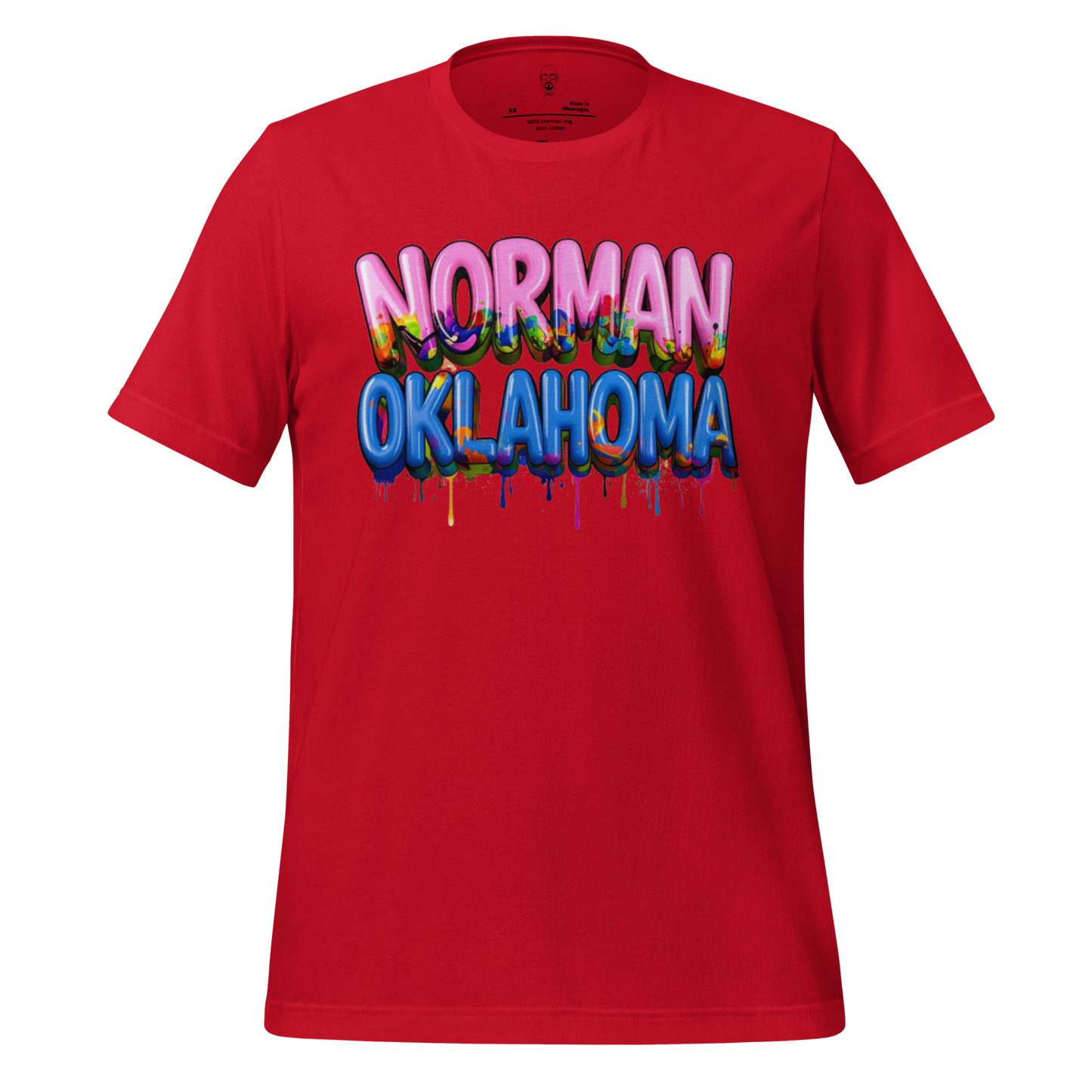 Red JMK Drip Norman Oklahoma t-shirt with colorful dripping text design on front