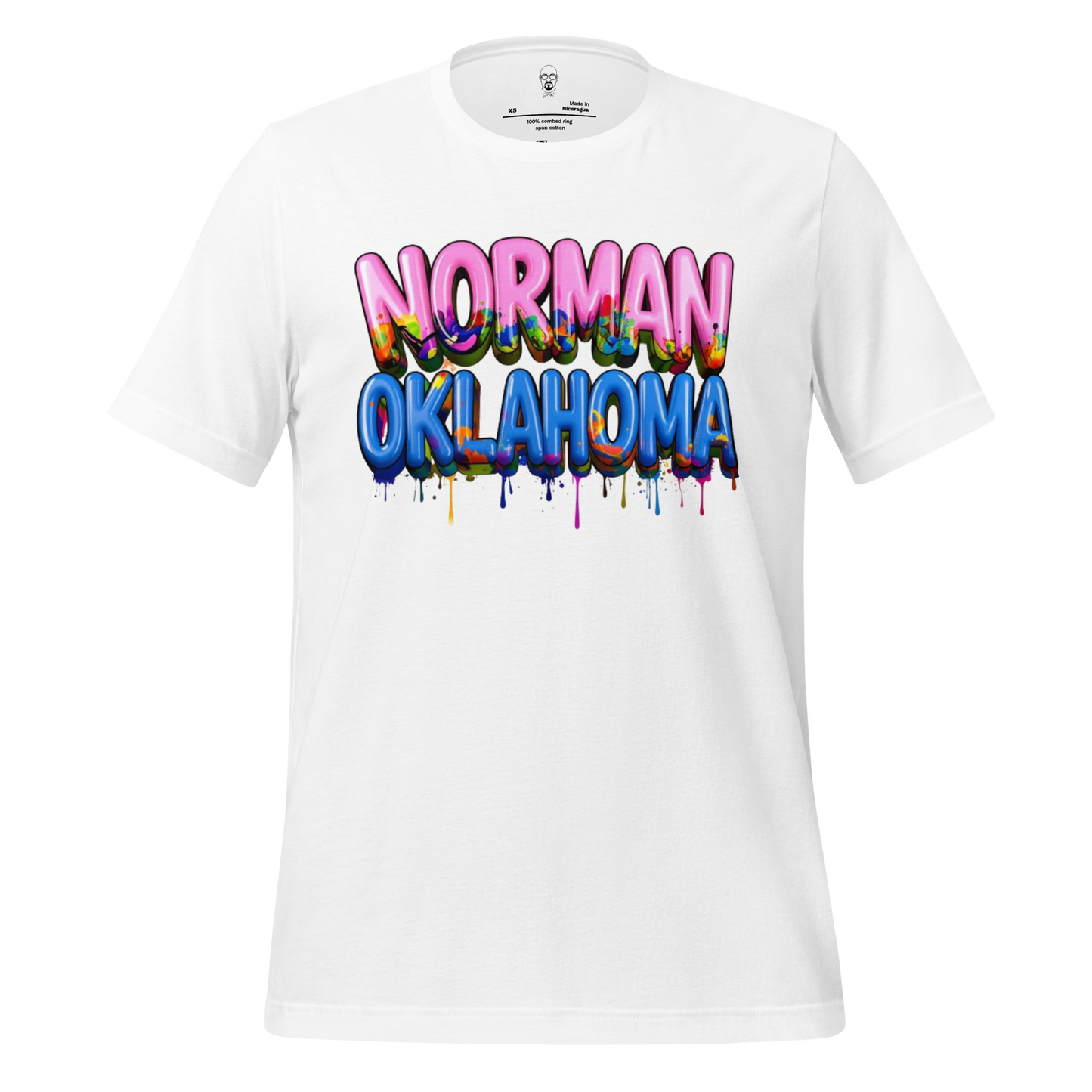 White Norman Oklahoma t-shirt with colorful dripping paint style text design