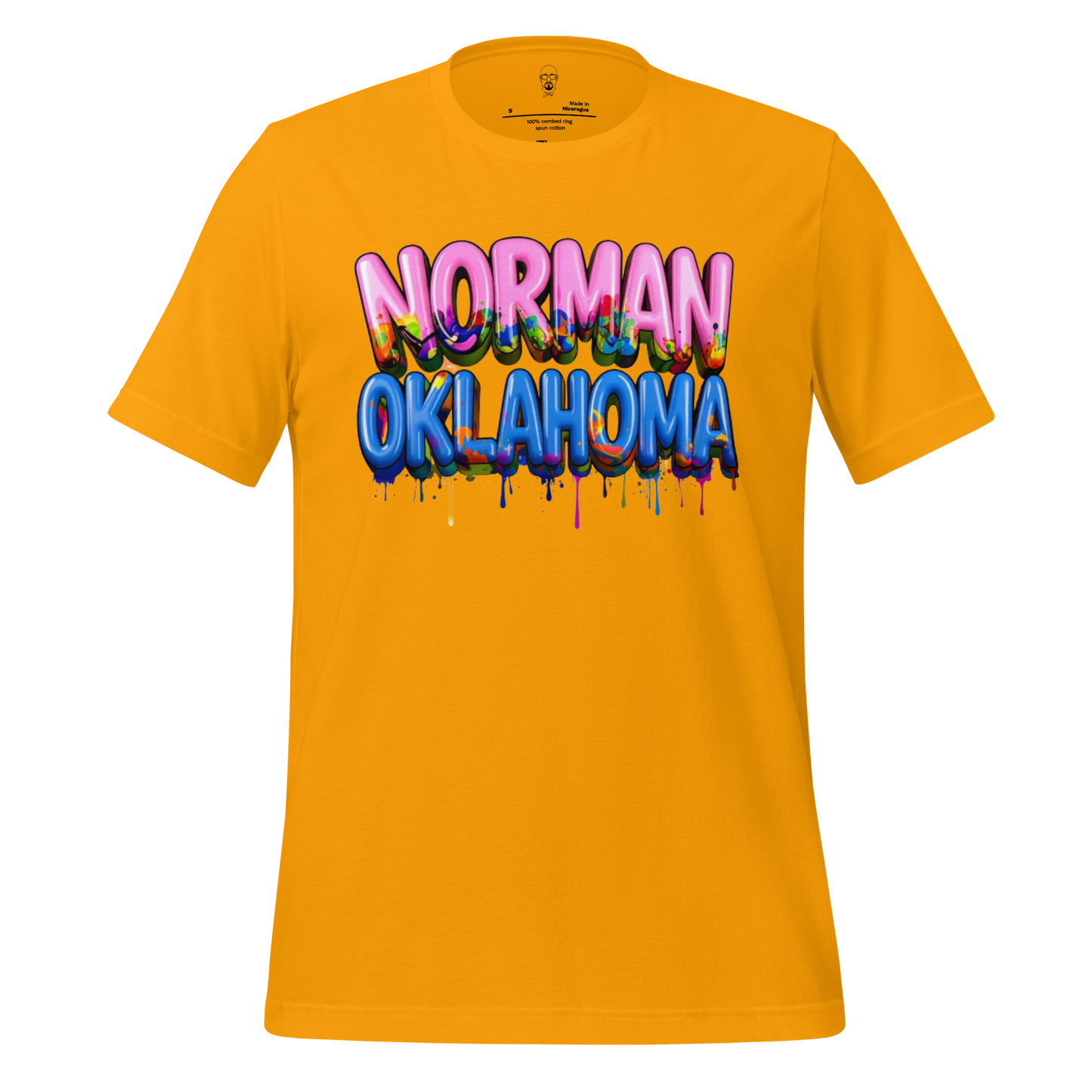 Bright yellow Norman Oklahoma t-shirt with colorful dripping graffiti text design