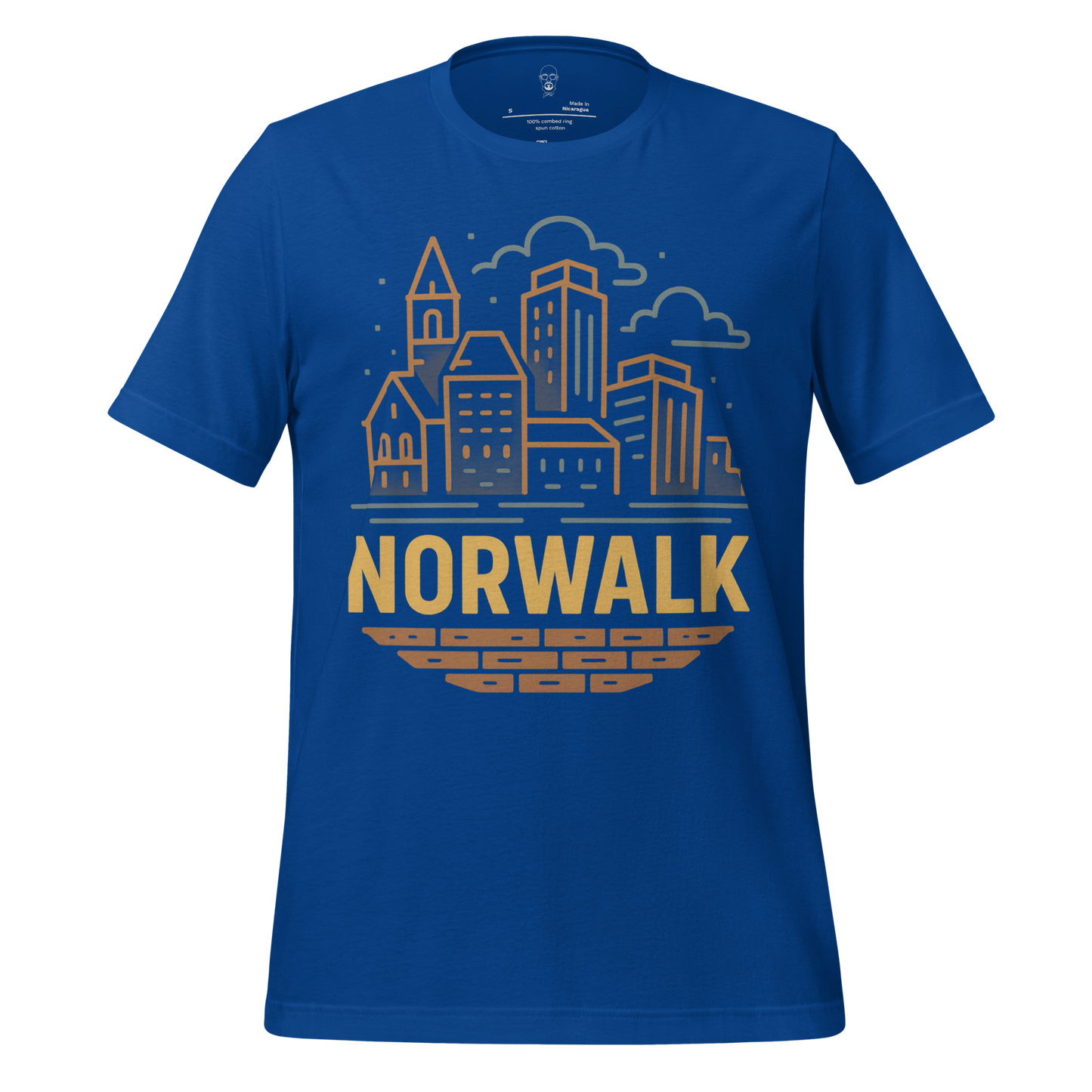 JMK Drip Norwalk Graphic T-Shirt in blue with city skyline and Norwalk text design