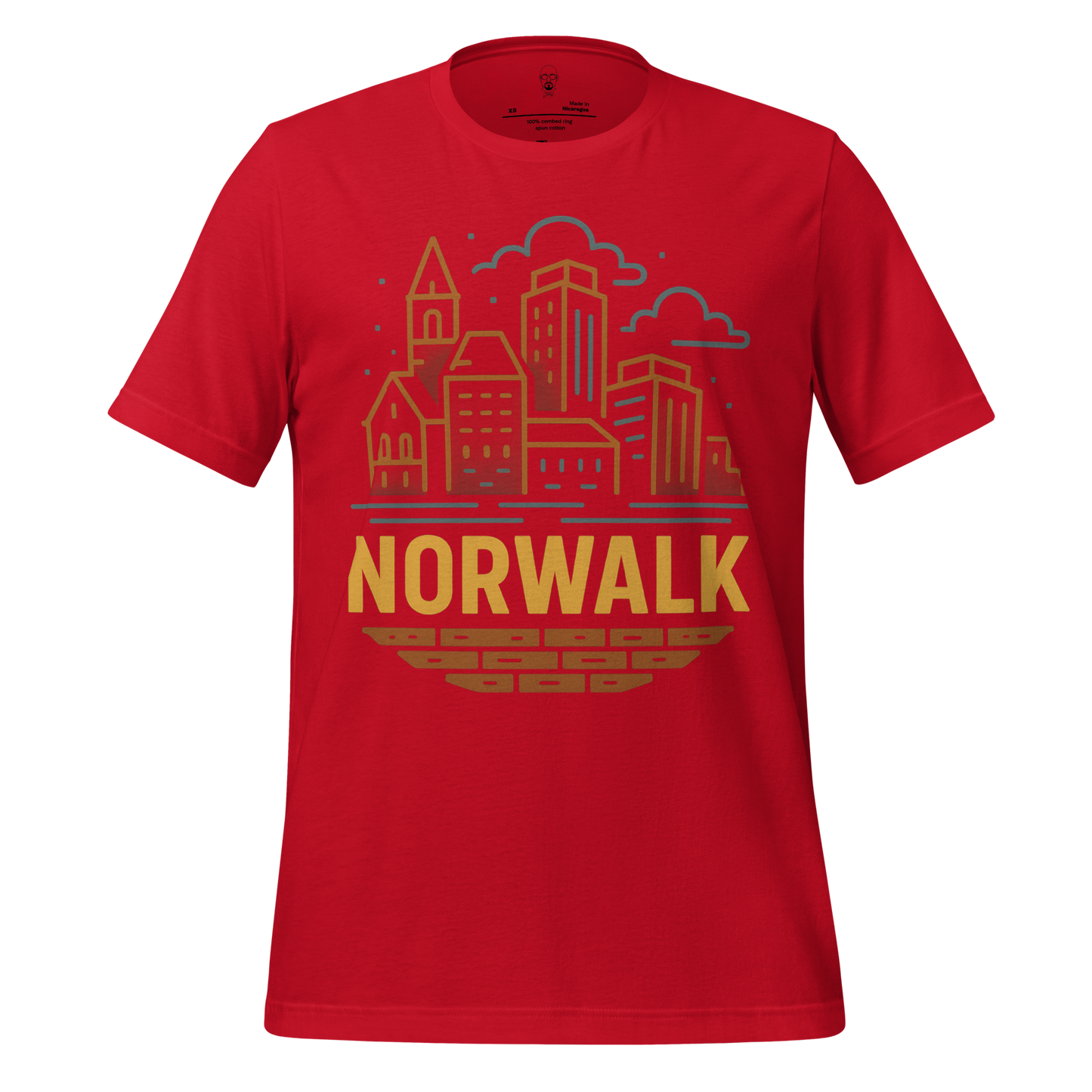 Red Norwalk Graphic T-Shirt featuring a gold city skyline design with clouds