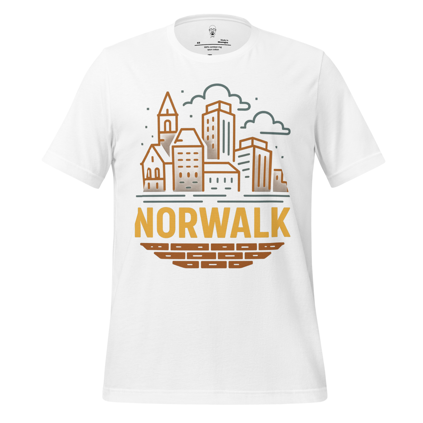 White Norwalk Graphic T-Shirt by JMK Drip with city skyline design in brown and gold
