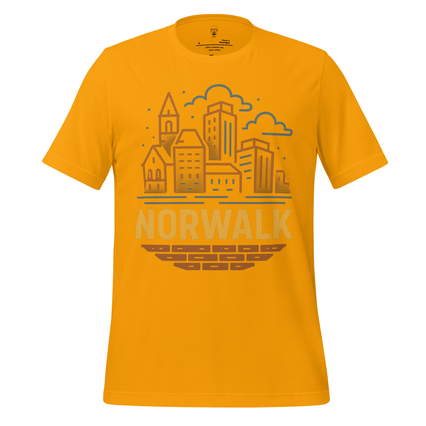JMK Drip Norwalk Graphic T-Shirt in mustard yellow with city skyline design and Norwalk text