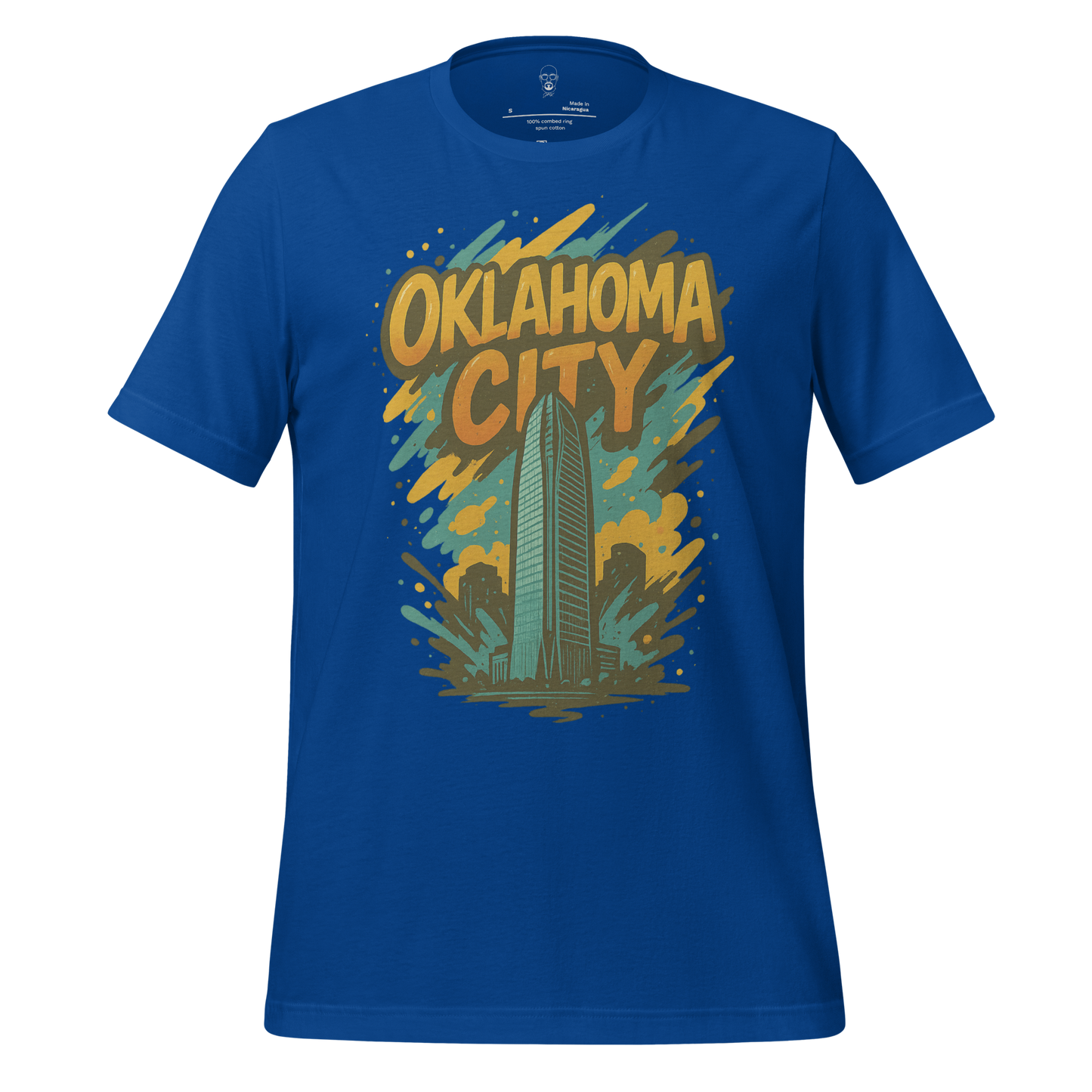 Blue Oklahoma City Graphic T-Shirt featuring a tall building and colorful artistic design