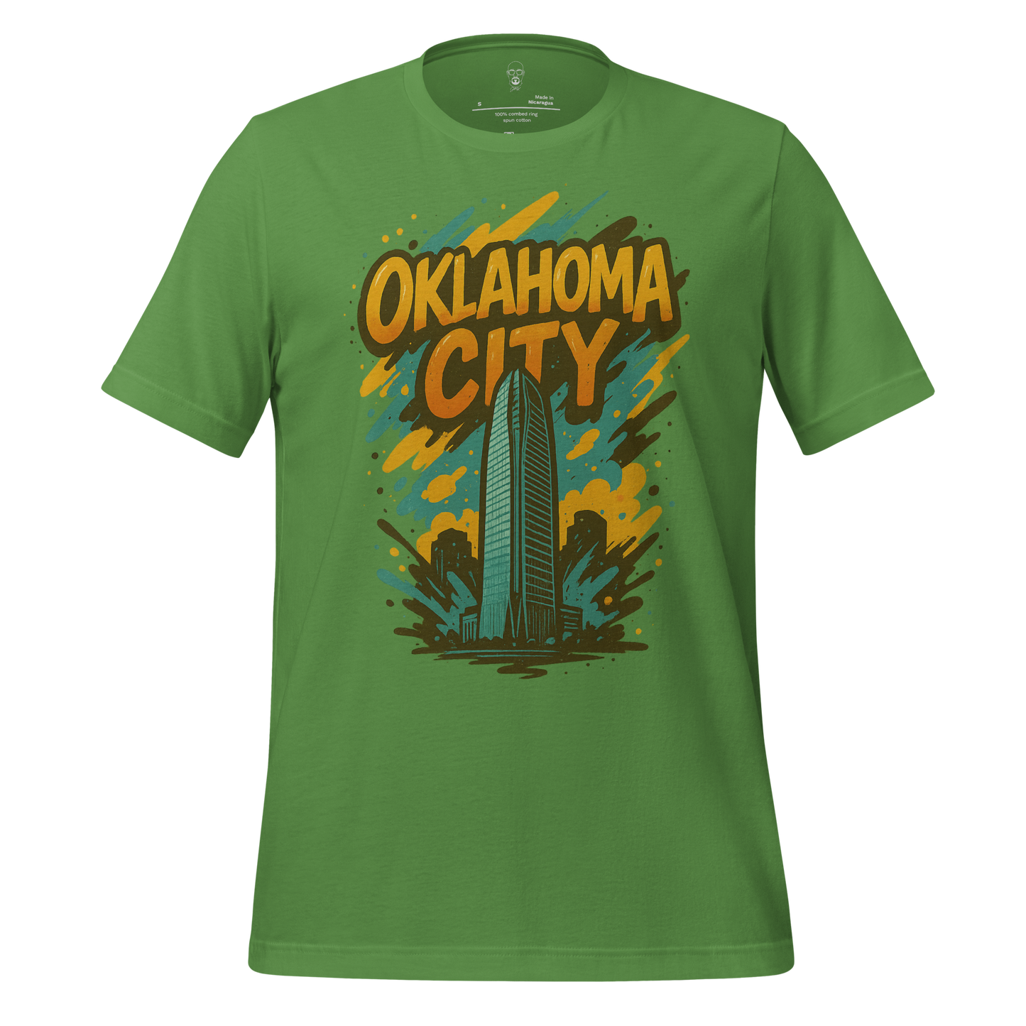 Green Oklahoma City Graphic T-Shirt with skyline and bold text design by JMK Drip