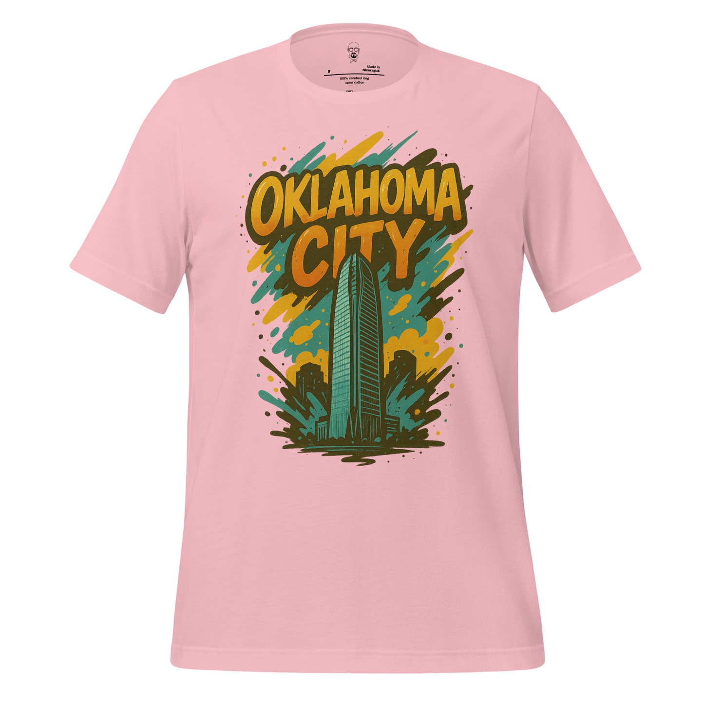 Pink Oklahoma City Graphic T-Shirt by JMK Drip featuring city skyline and bold lettering