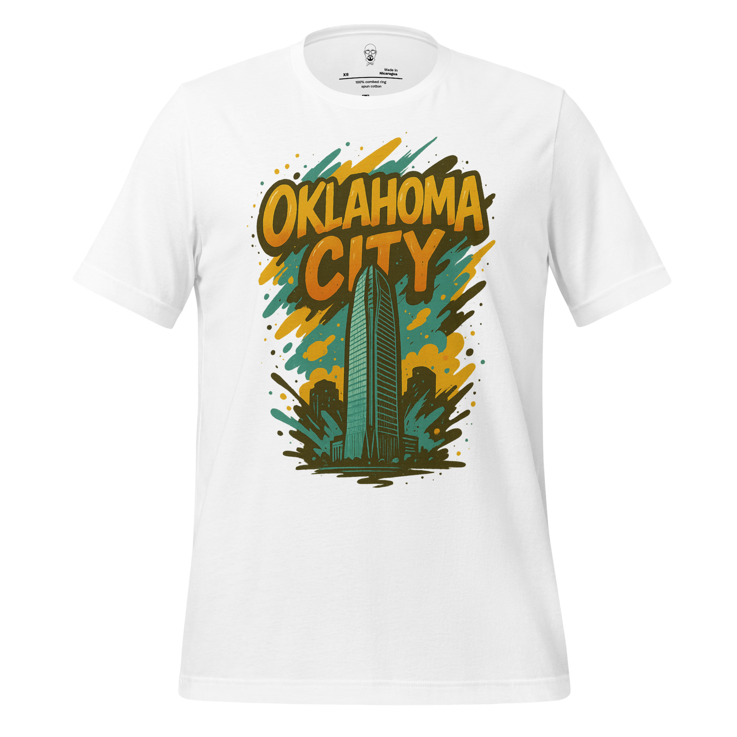 White Oklahoma City Graphic T-Shirt with colorful city skyline and bold text design