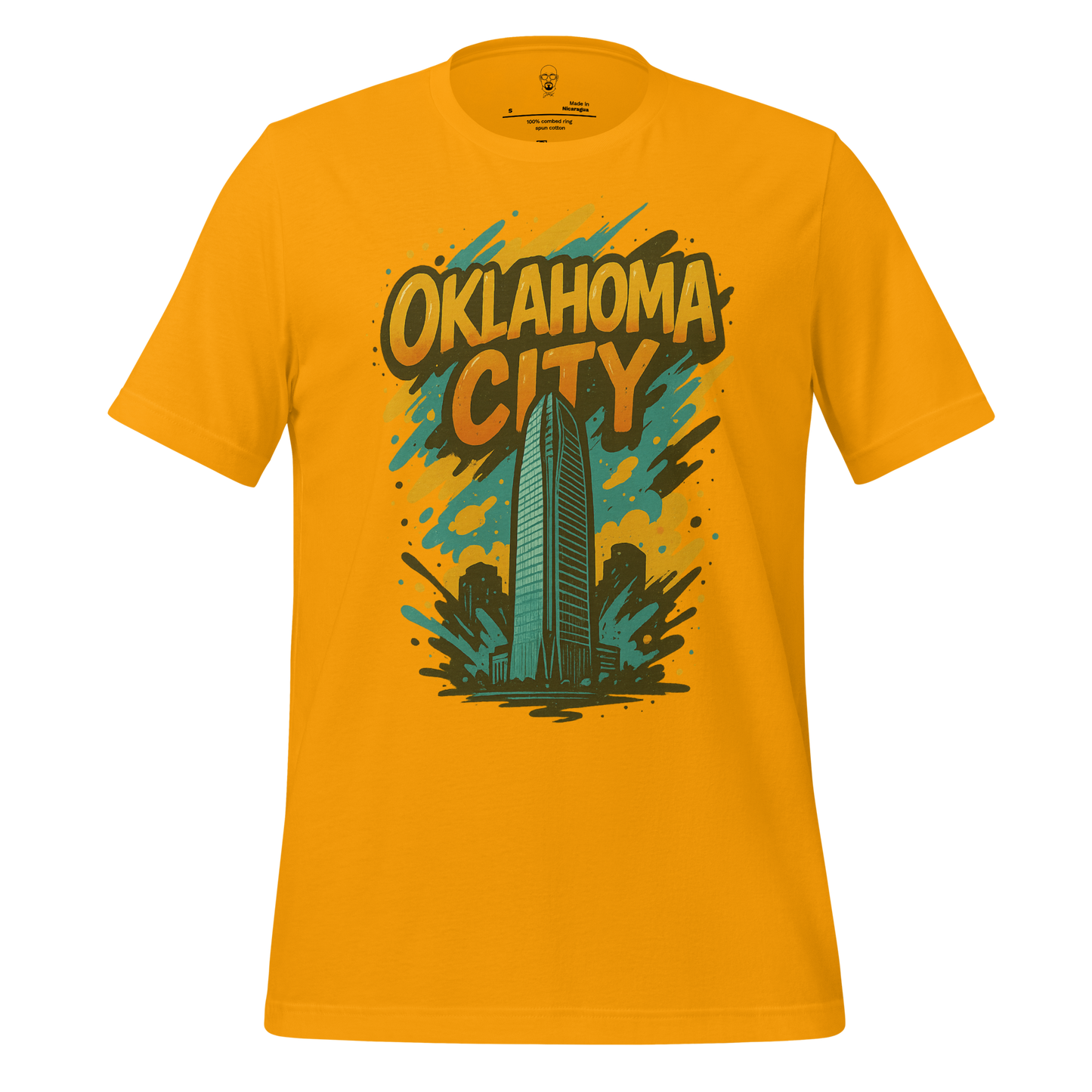 JMK Drip Oklahoma City Graphic T-Shirt with bold city skyline design on yellow fabric