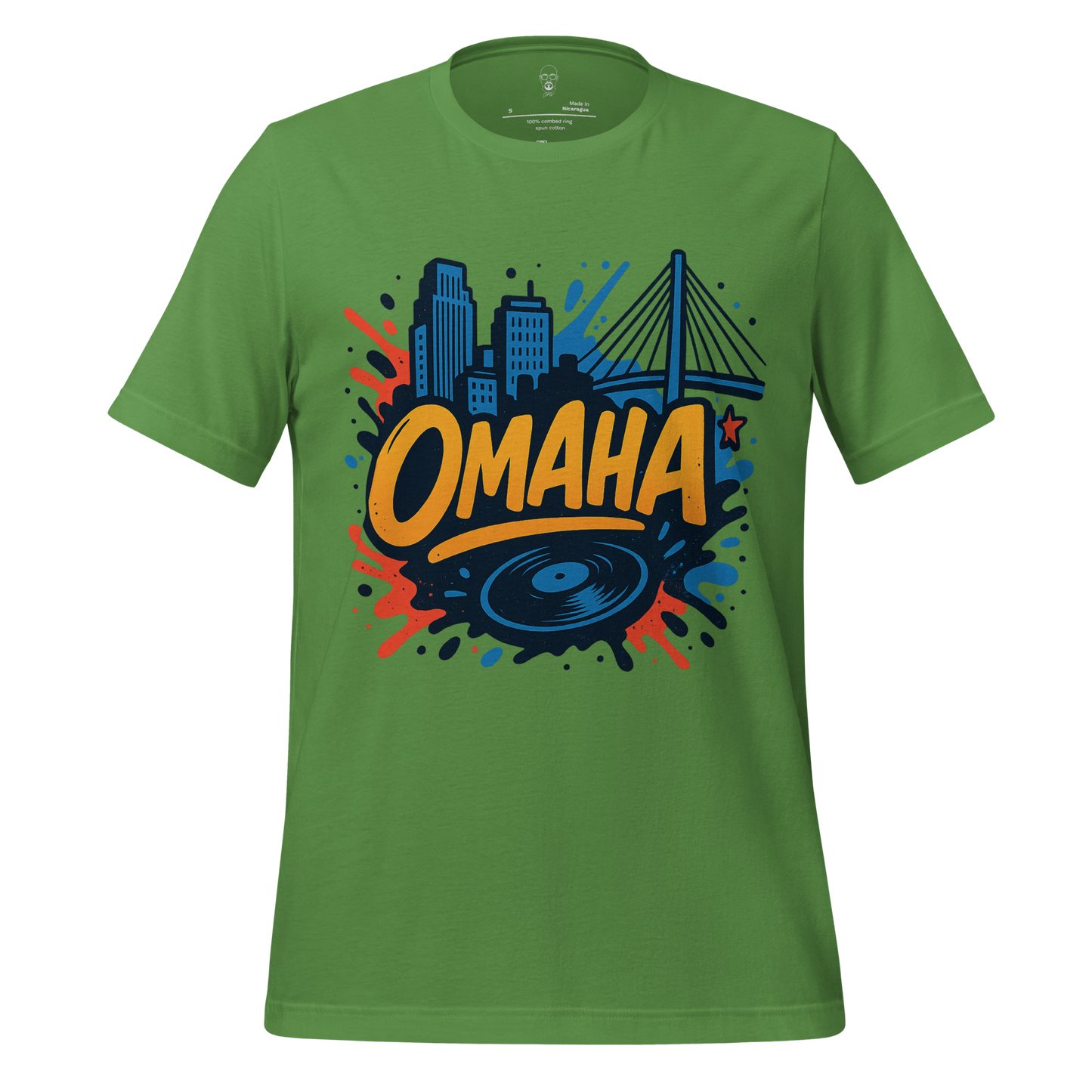 Green Omaha Graphic T-Shirt with city skyline and bridge design by JMK Drip