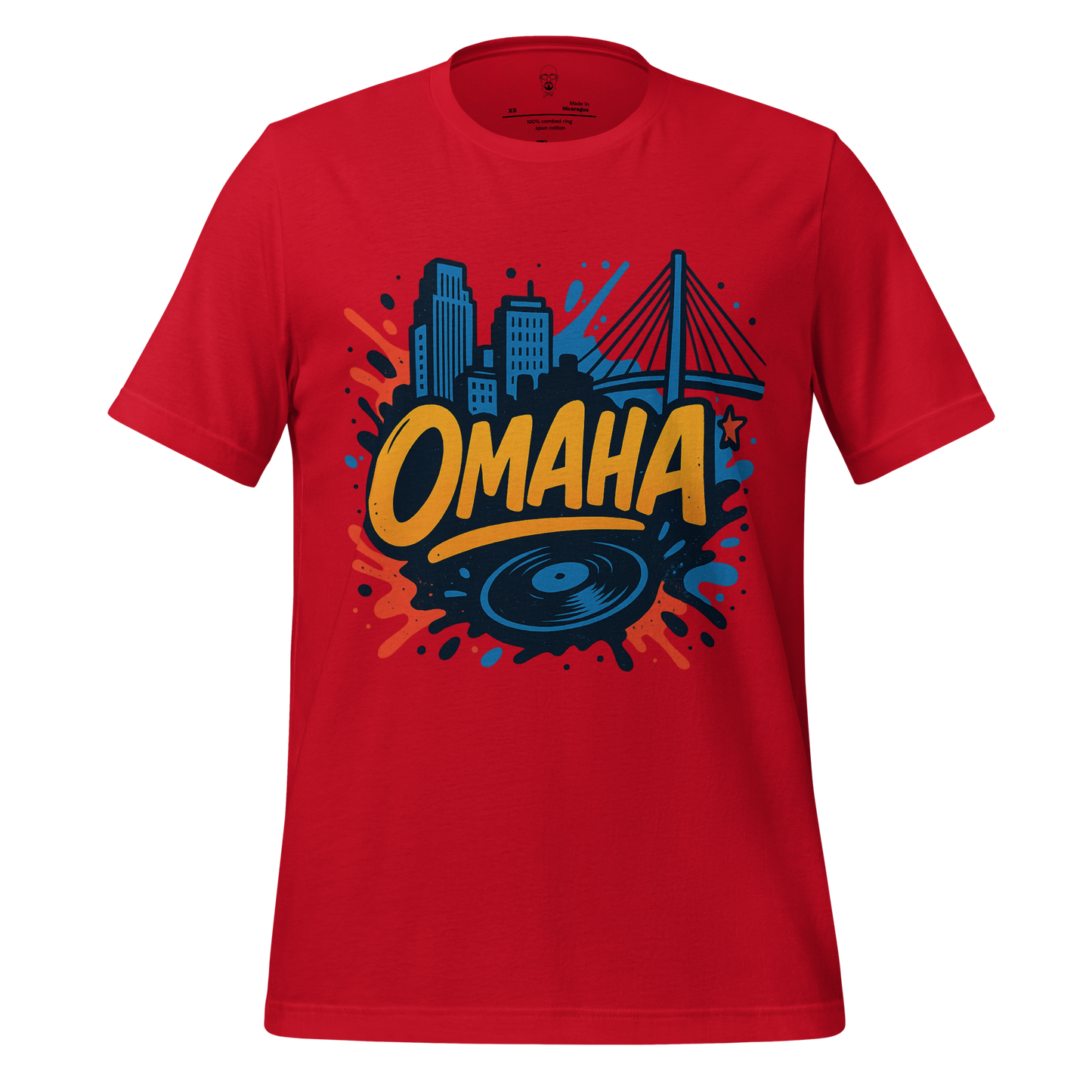 Red Omaha Graphic T-Shirt by JMK Drip featuring city skyline and bridge design