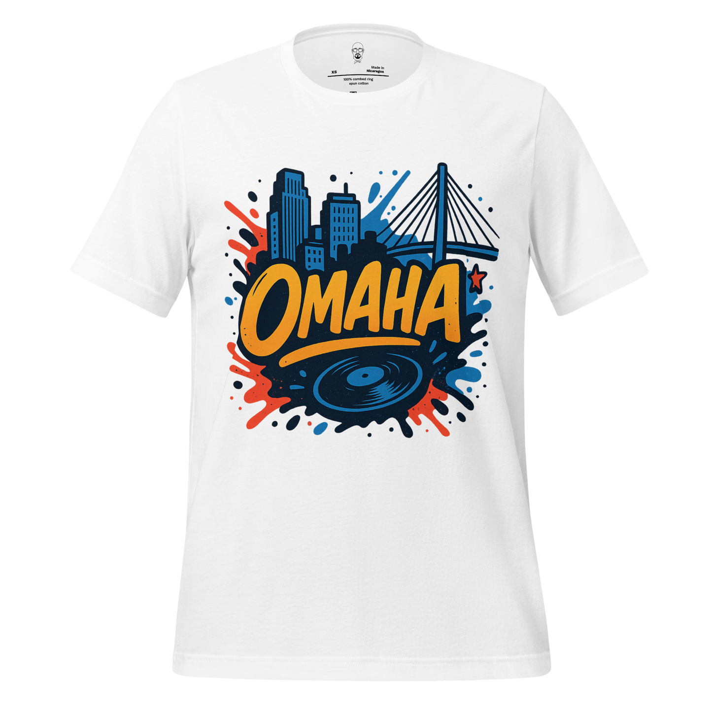 White Omaha Graphic T-Shirt featuring city skyline and bridge design in blue and orange colors
